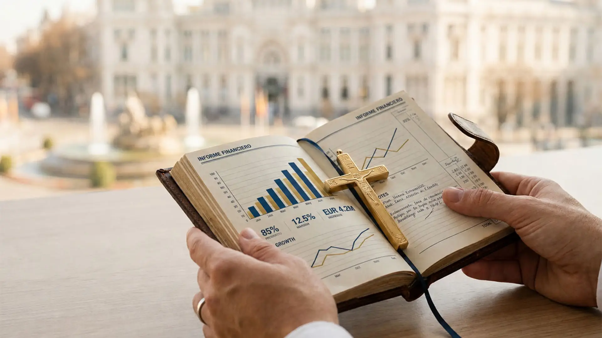 Fe y rentabilidad en la misma cartera: los fondos con valores católicos suben hasta un 17,5% en 2026 Informe financiero con gráficos de crecimiento y cruz cristiana sobre libro abierto en un entorno institucional.