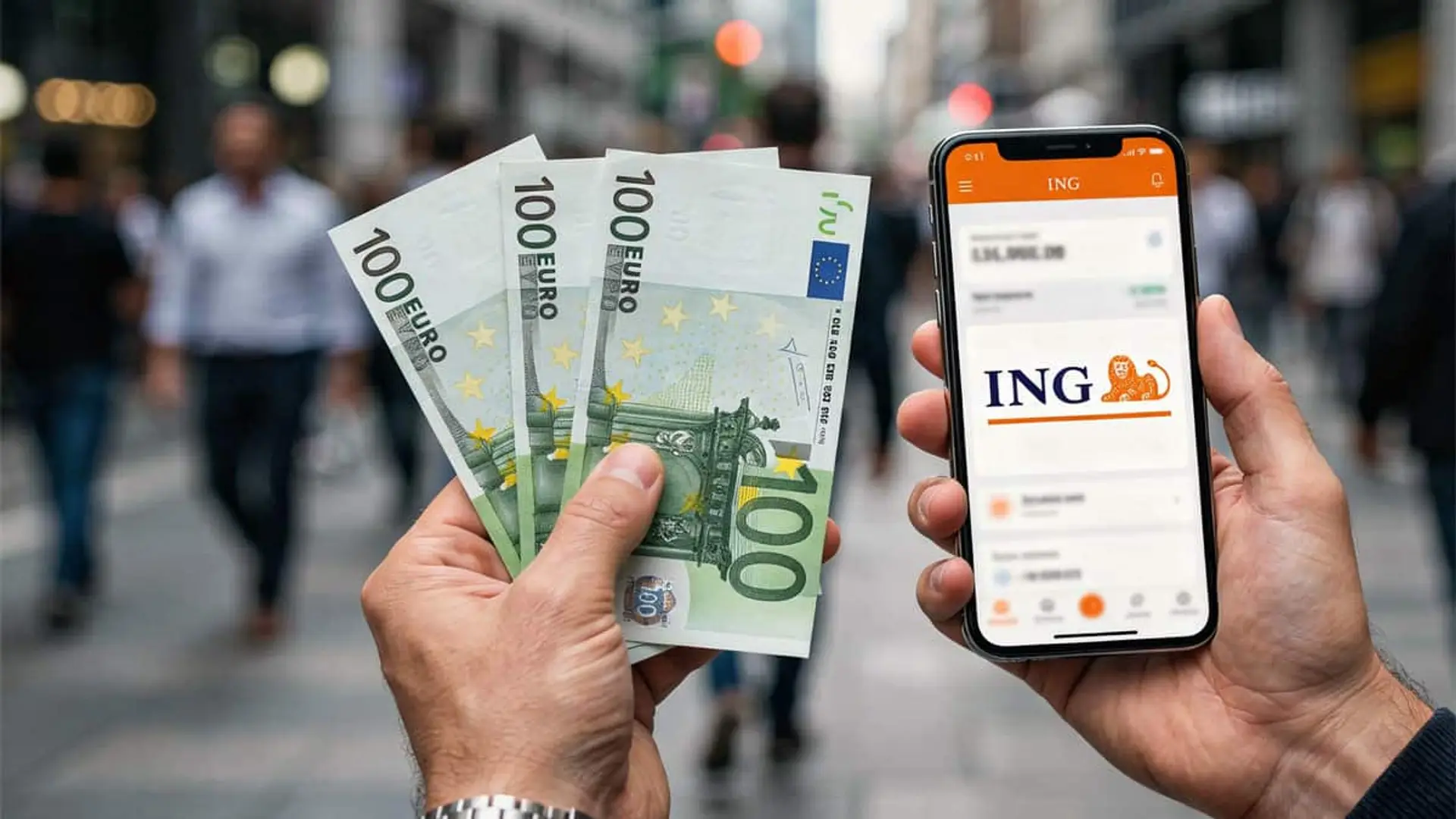 Persona sosteniendo billetes de 100 euros y un móvil con la app de ING, representando el ahorro y la gestión digital del dinero.