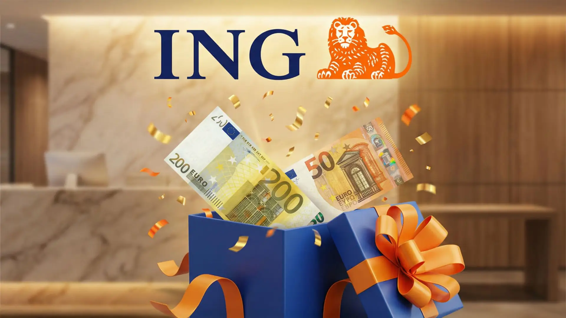 Caja de regalo azul con billetes de euro y confeti dorado frente a oficina de banco ING.