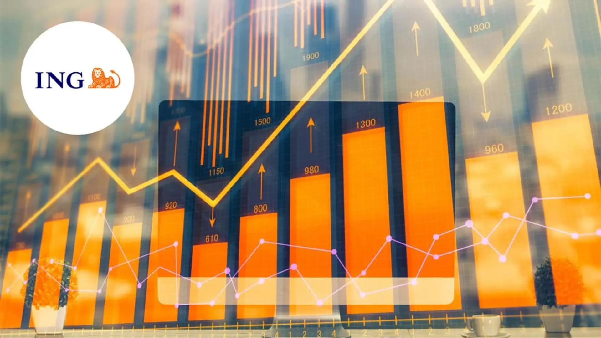 Logotipo de ING sobre gráficas de crecimiento bursátil para representar la rentabilidad de productos financieros y ahorro.