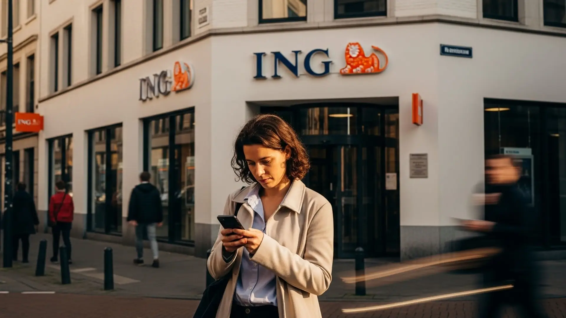 Los clientes de ING ya disfrutan esta mejora en las transferencias Clienta de ING usando la app de banca móvil en su smartphone frente a una oficina del banco en la calle.