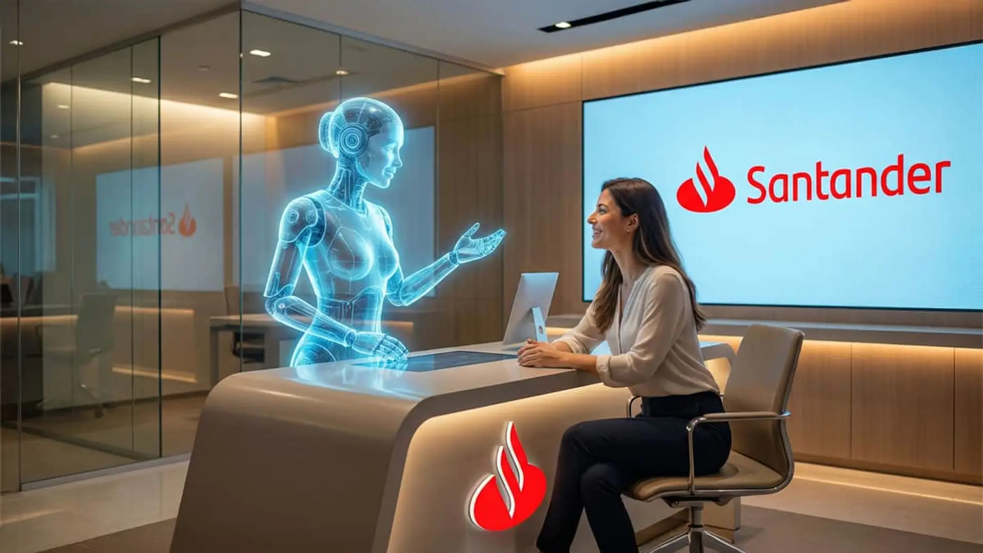 Los agentes IA del Banco Santander comprarán por ti: gestionarán y ejecutarán pagos en tu nombre este 2026 Mujer interactuando con robot holográfico de inteligencia artificial en oficina de Banco Santander.