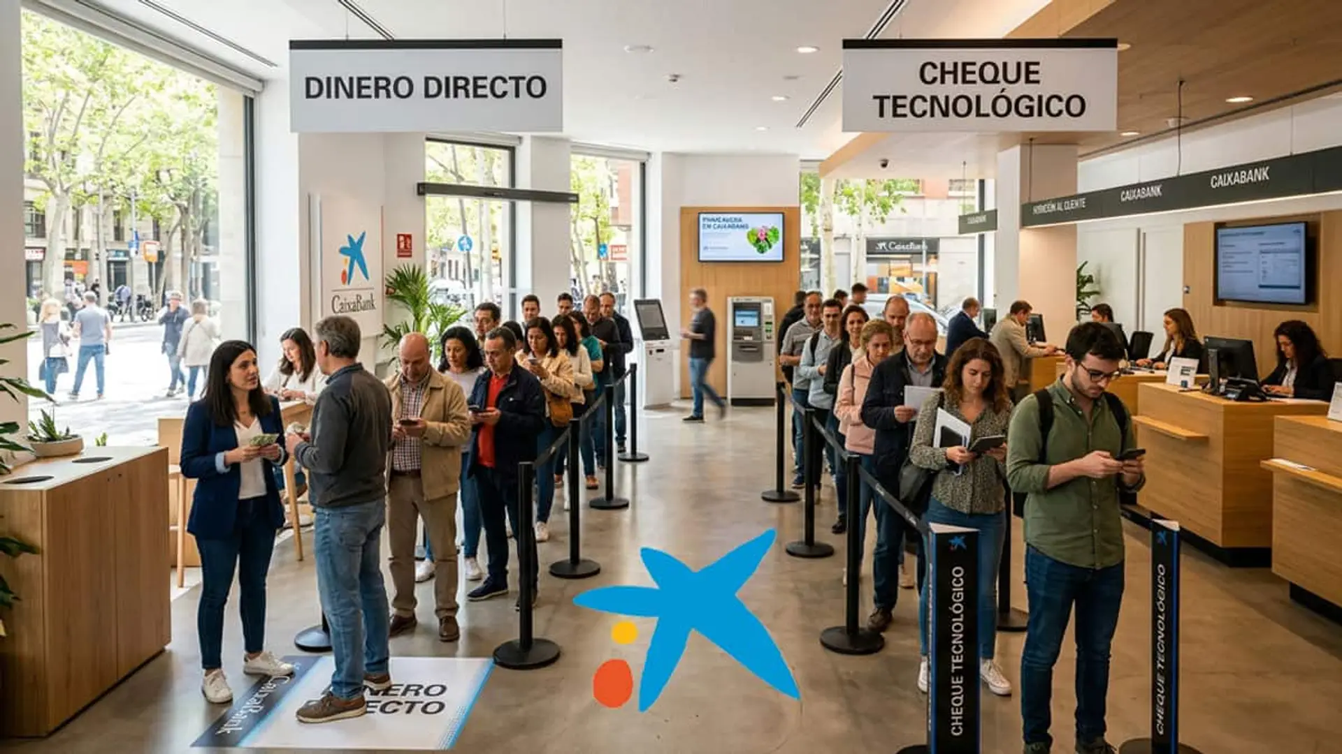 CaixaBank renueva su oferta por la nómina: tú eliges entre hasta 400€ en tecnología o 250€ en efectivo Interior de una oficina de CaixaBank con clientes en cola en las zonas de dinero directo y cheque tecnológico