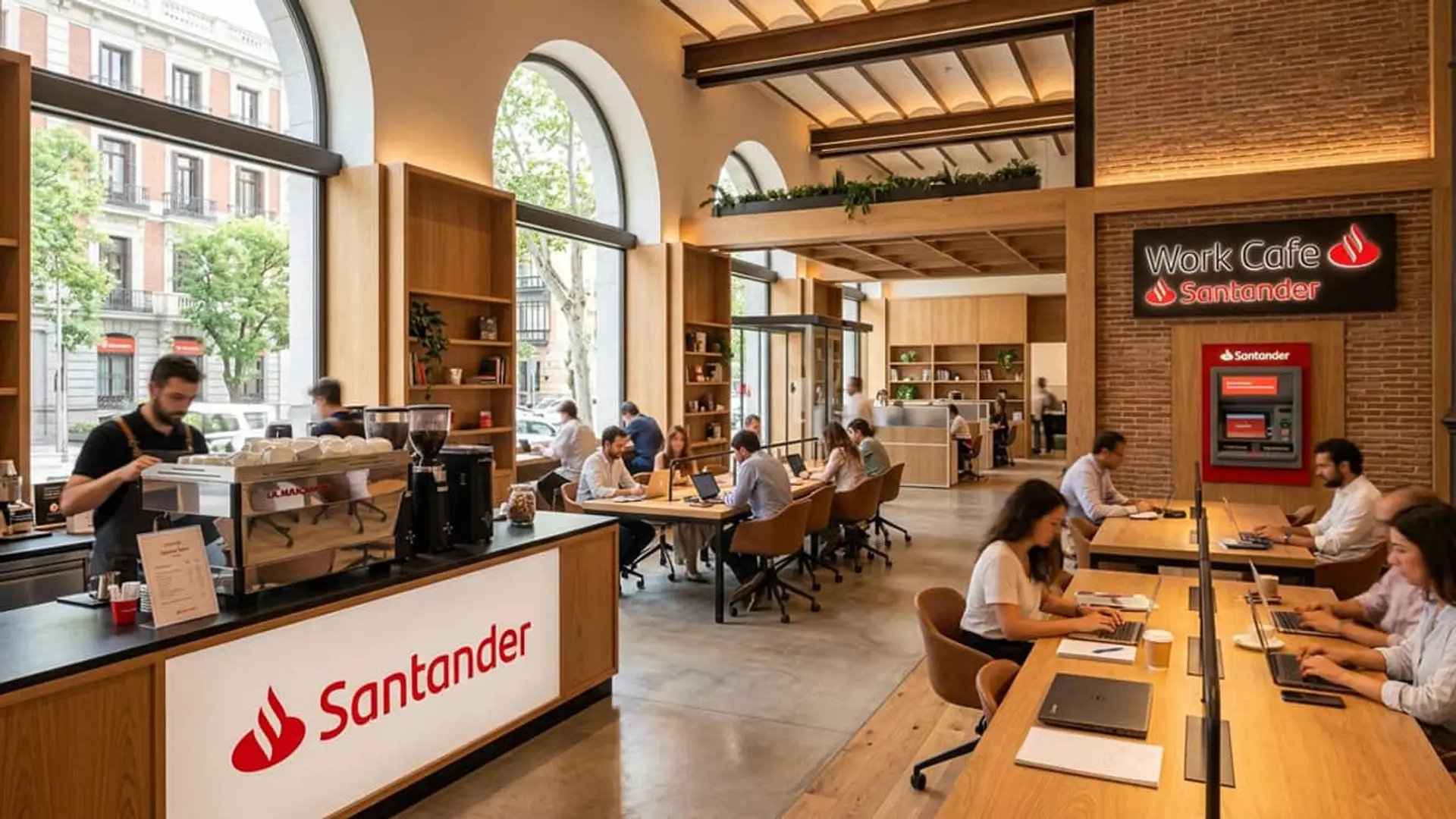 El nuevo mapa de oficinas de Banco Santander: 60 cierres, 117 traspasos y cambios en Work Café Interior de un Work Café Santander con zona de cafetería, mesas de trabajo y personas utilizando portátiles