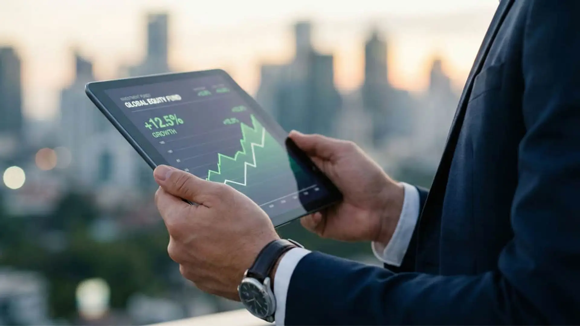 CaixaBank triplica la captación en fondos de inversión y seguros de ahorro: la clave está en las comisiones Inversor analizando un gráfico de crecimiento financiero en su tablet con la ciudad al atardecer.