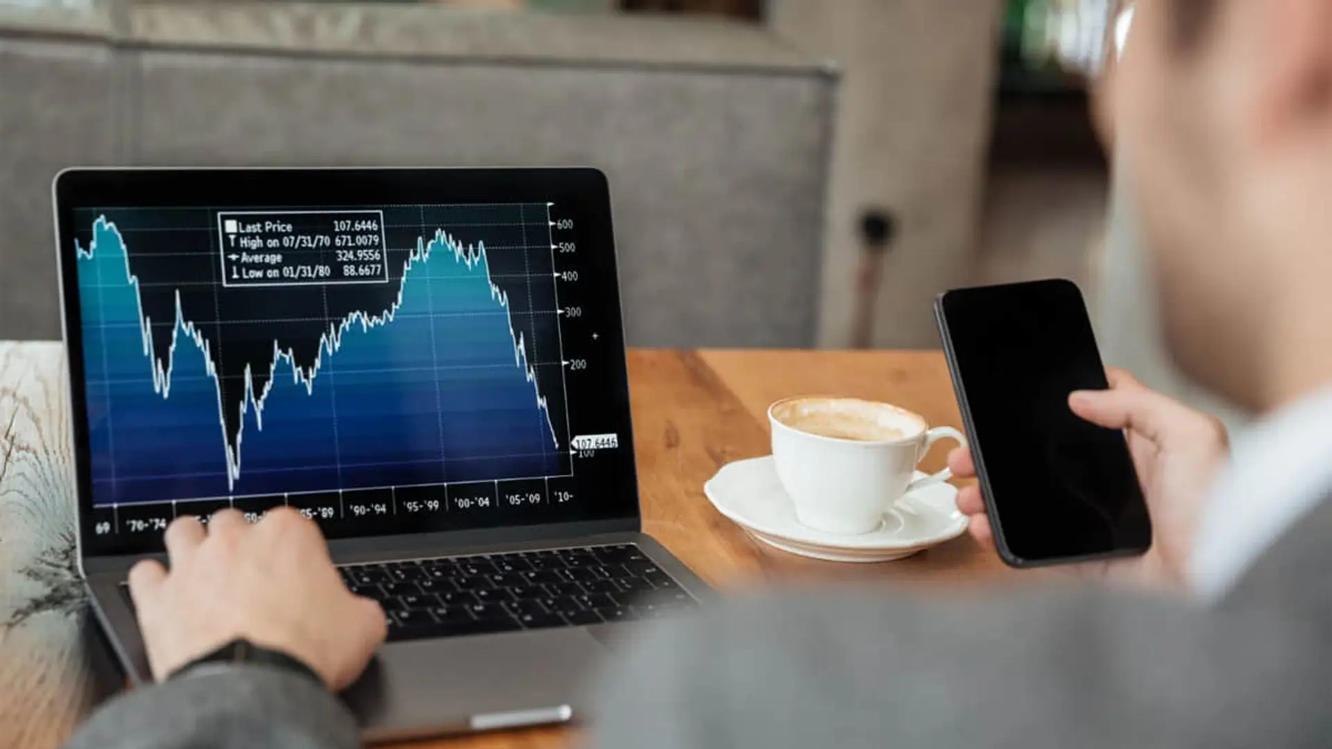 Inversor analizando un gráfico de la bolsa de valores en su portátil mientras toma un café y consulta su smartphone.