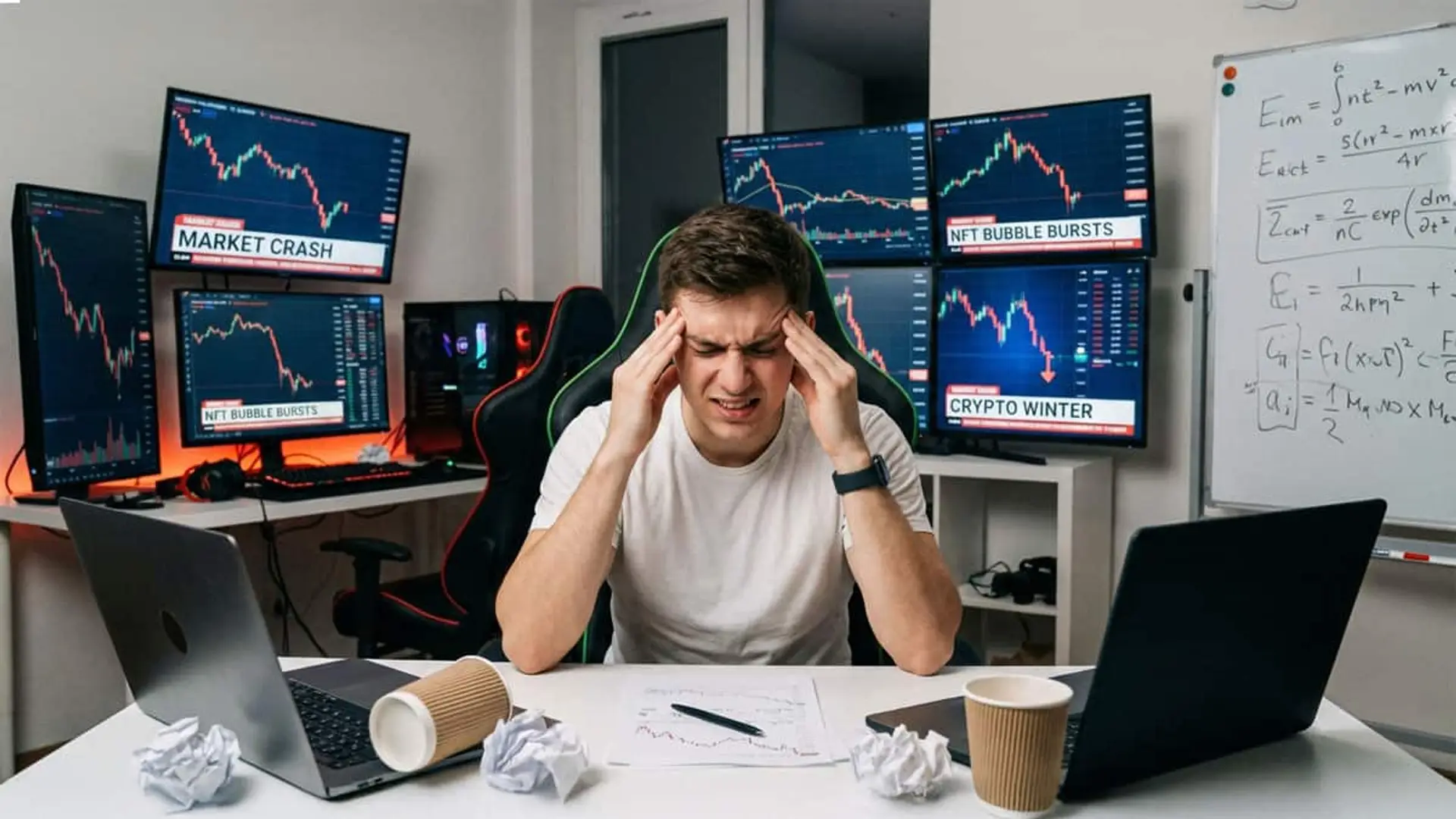 Esperan más rentabilidad y tienen menos aversión al riesgo: así es el inversor joven en España Joven inversor estresado frente a varias pantallas con caídas de mercado y noticias financieras negativas