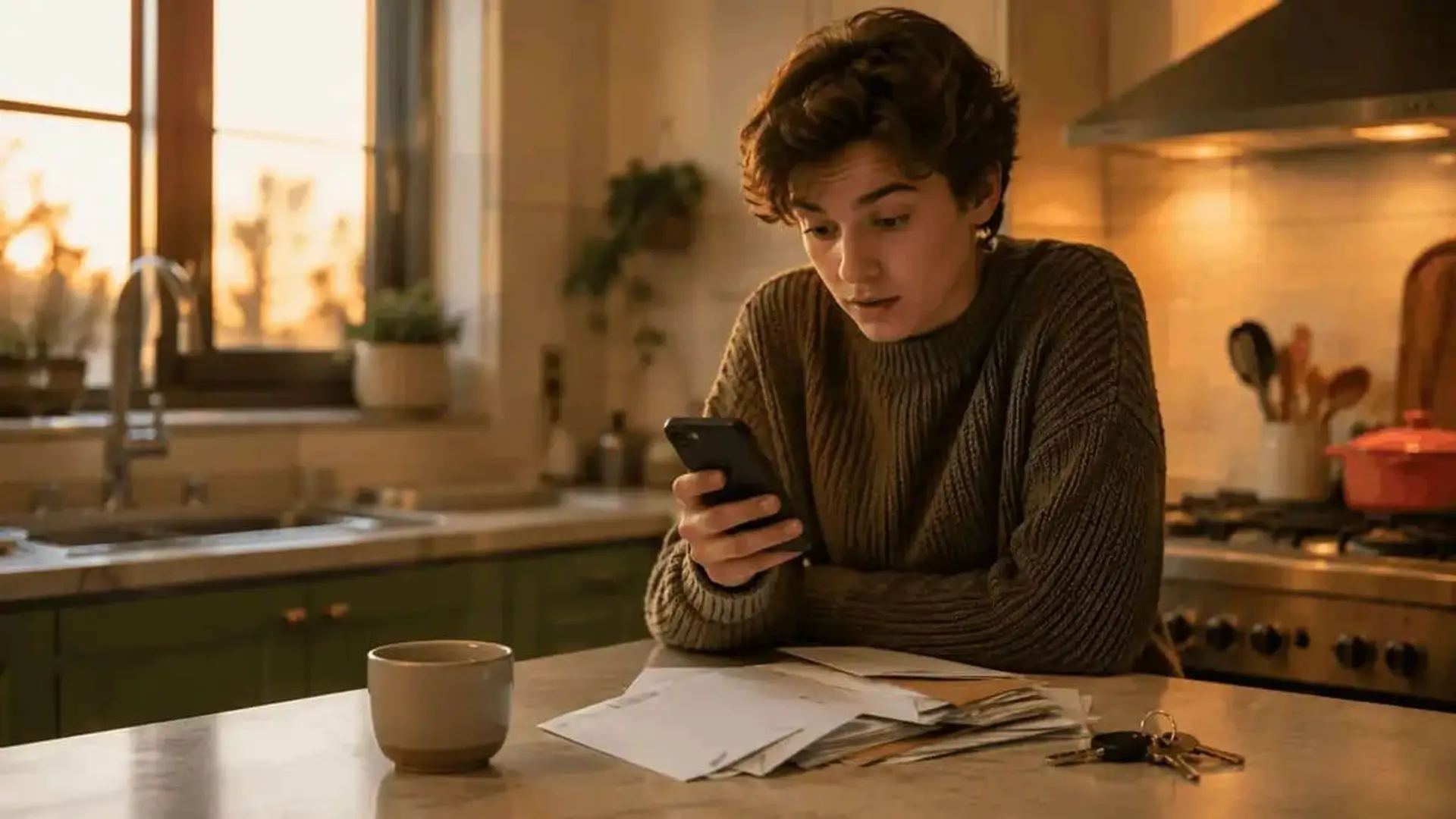 Joven consulta su teléfono móvil junto a varias cartas y documentos sobre la encimera de una cocina.