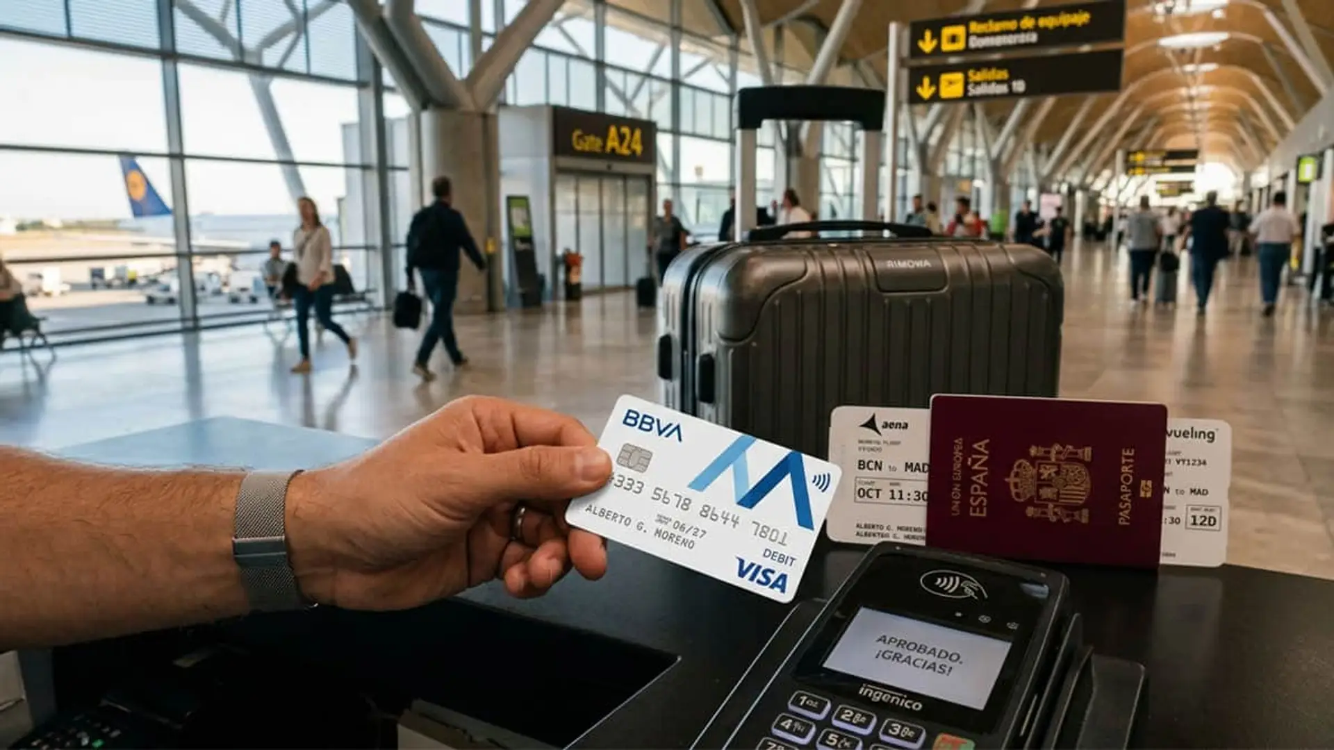Joven paga con tarjeta BBVA en un aeropuerto junto a su pasaporte, billete de avión y maleta.