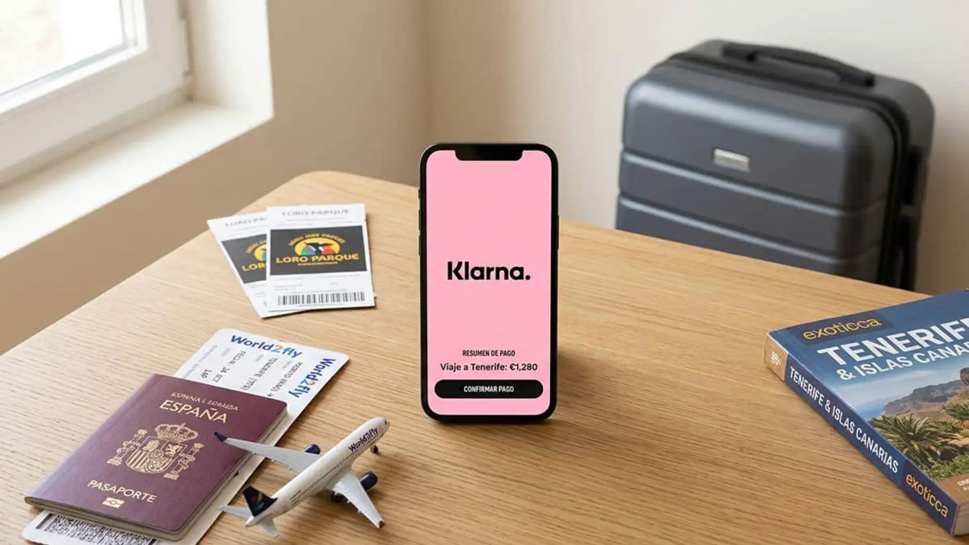 Pagar un viaje en 3 plazos sin intereses: cuándo ayuda y cuándo empuja a gastar más, según un expertoc Móvil con un pago de viaje en Klarna, junto a un pasaporte español, billetes de World2Fly, entradas de Loro Parque y una guía de Tenerife.