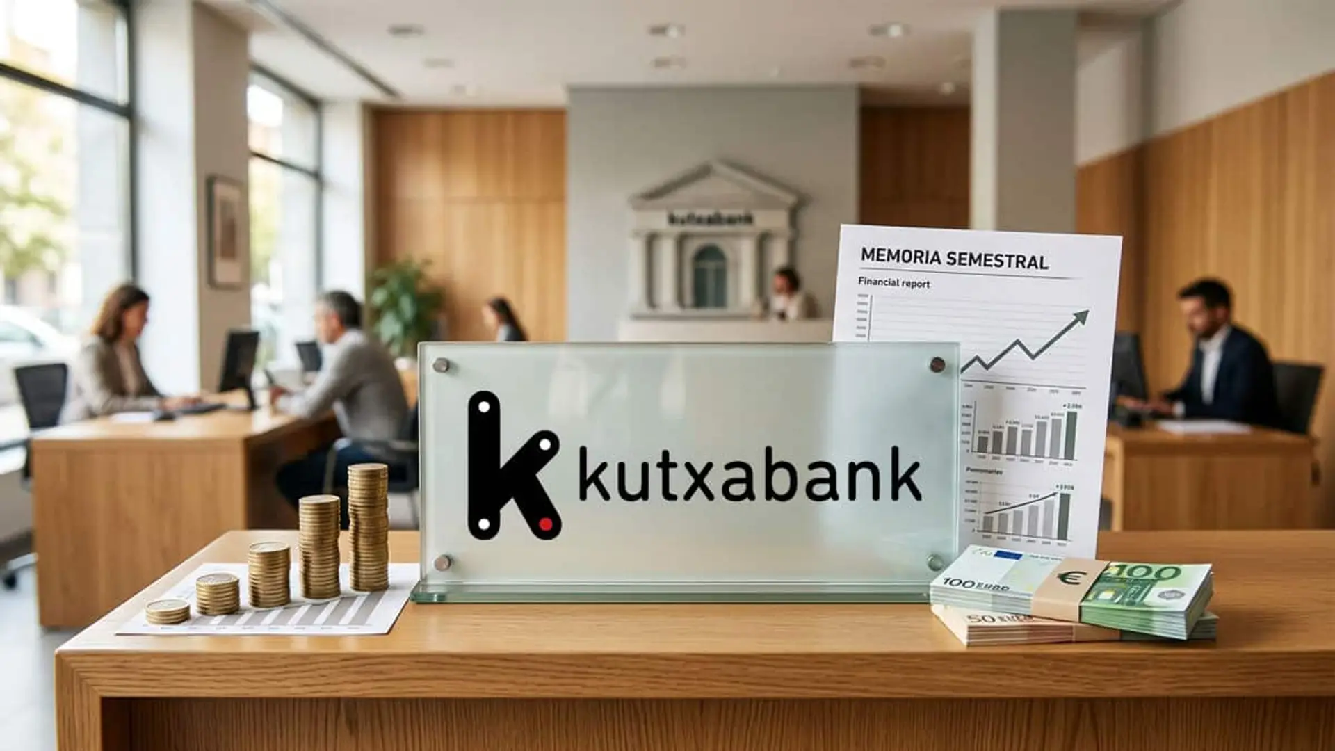 Logotipo de Kutxabank junto a una memoria semestral con gráficos, monedas apiladas y billetes de euro en una oficina bancaria