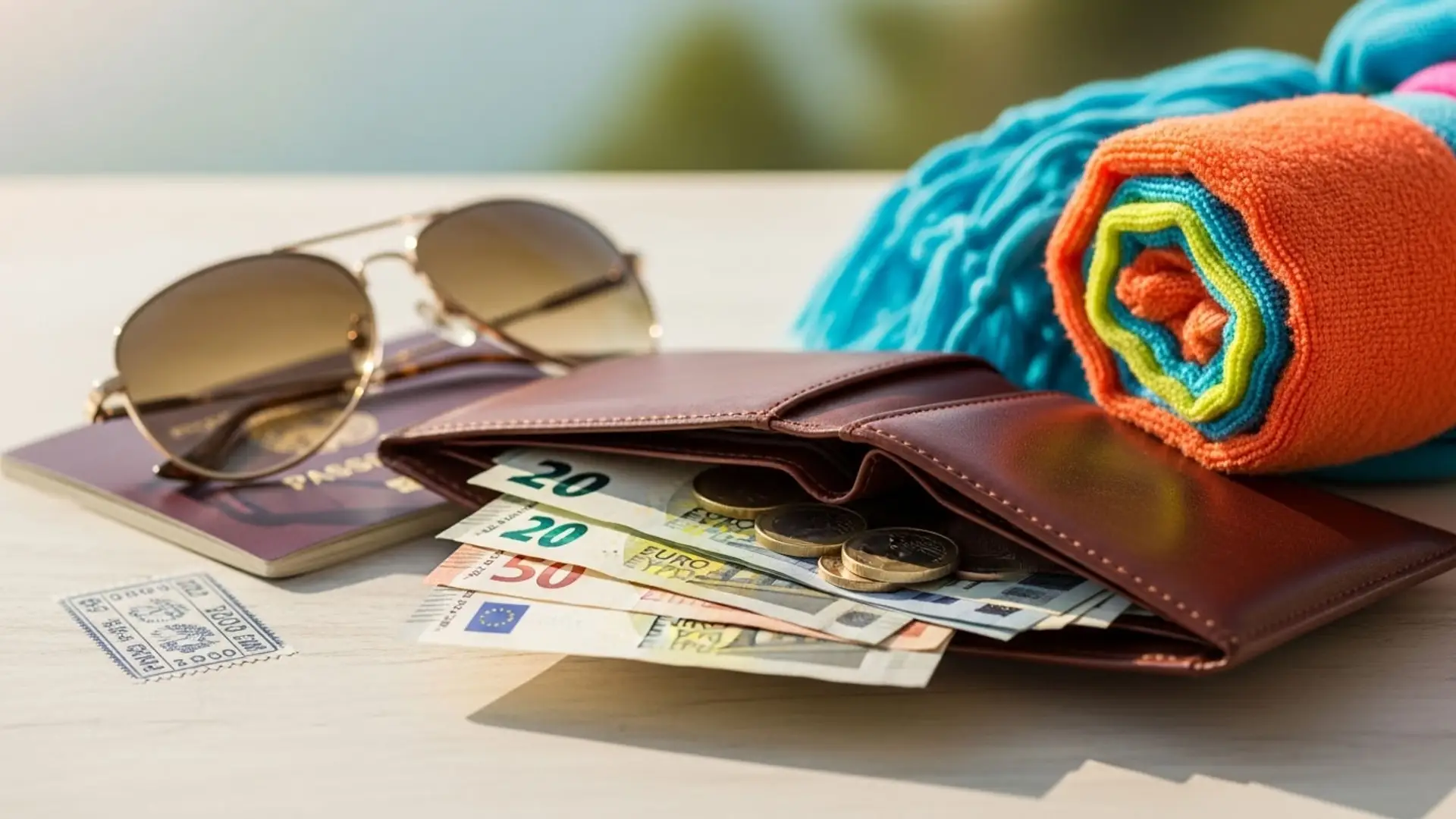 Billetera con dinero, pasaporte, gafas de sol y accesorios de playa listos para unas vacaciones de verano económicas.