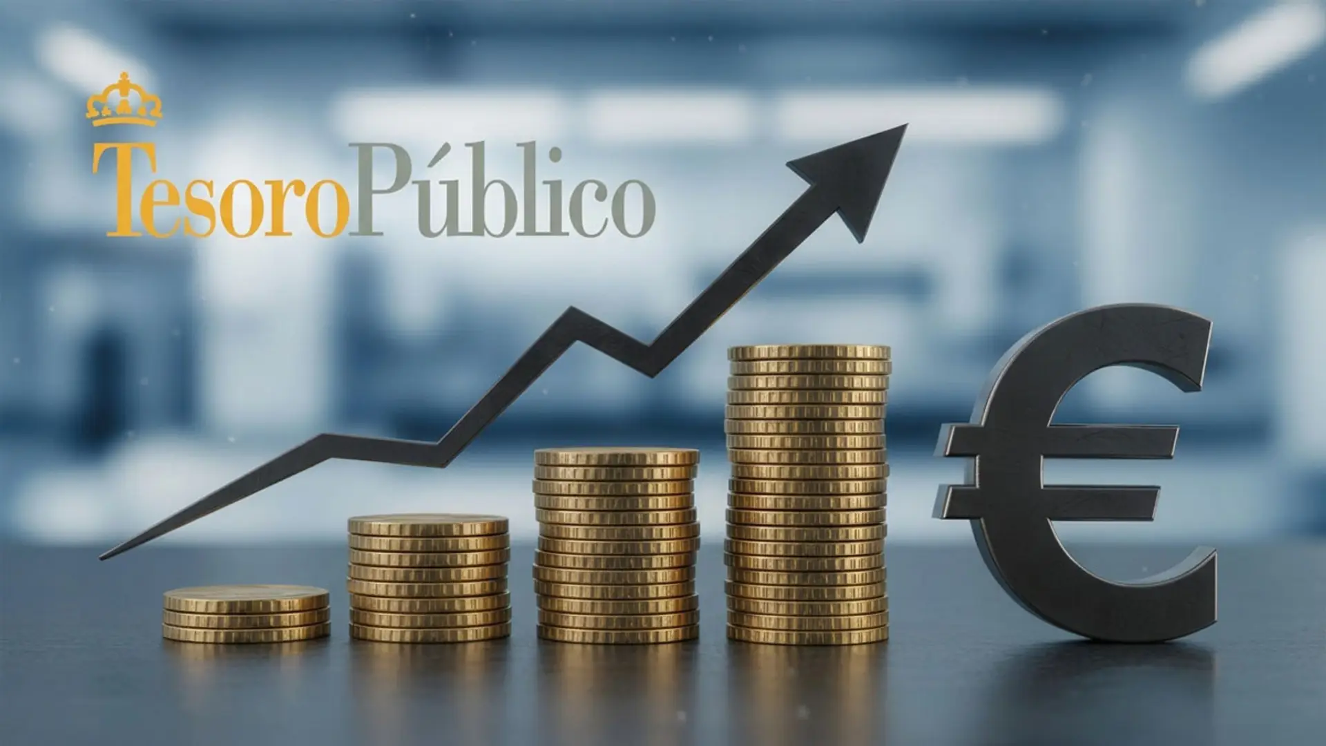 Las Letras del Tesoro suben y superan a muchas cuentas remuneradas y depósitos: ya ofrecen el 2,64% a 12 meses Logotipo del Tesoro Público con gráfica ascendente y monedas de euro para representar la rentabilidad de la deuda pública.