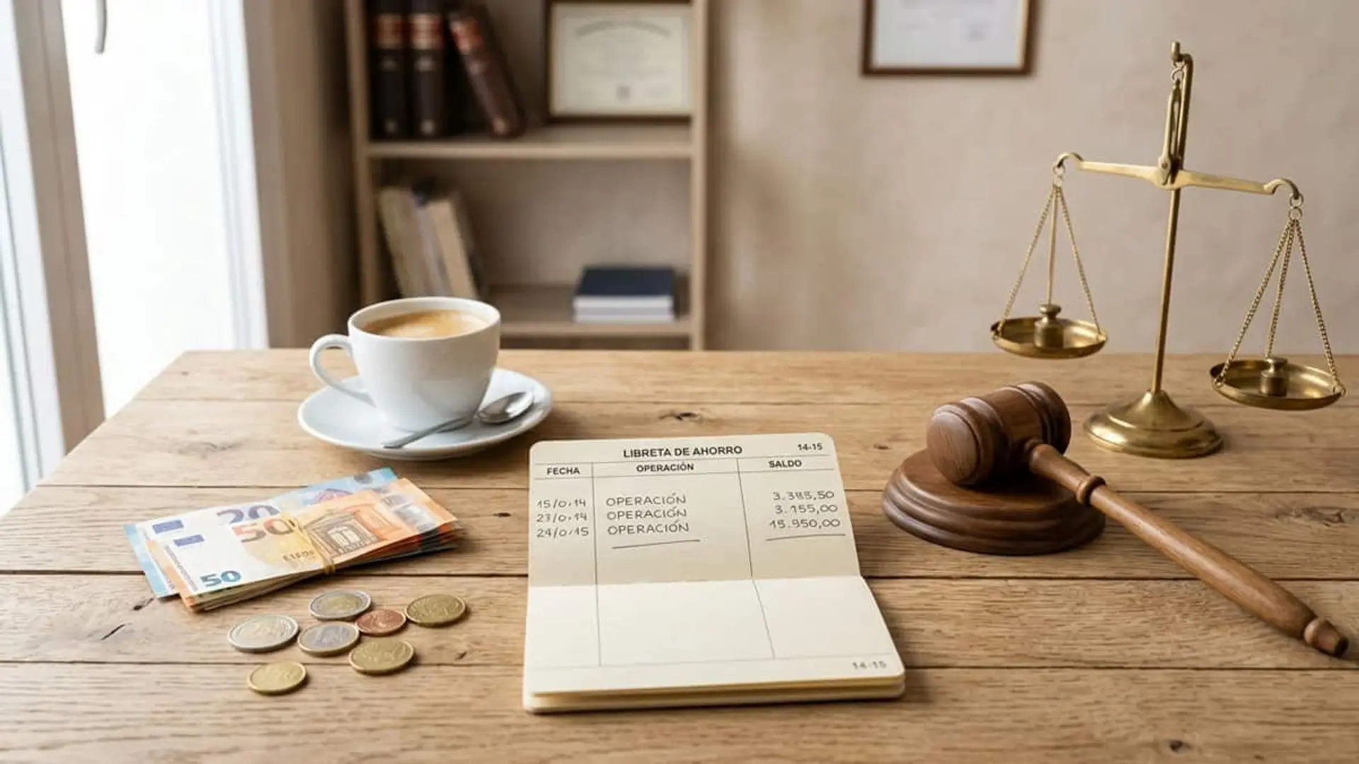 Hacienda no puede embargar lo que no gastas de un sueldo o pensión inembargables, según el Supremo Libreta de ahorro sobre una mesa junto a billetes y monedas de euro, una balanza de justicia y un mazo de juez