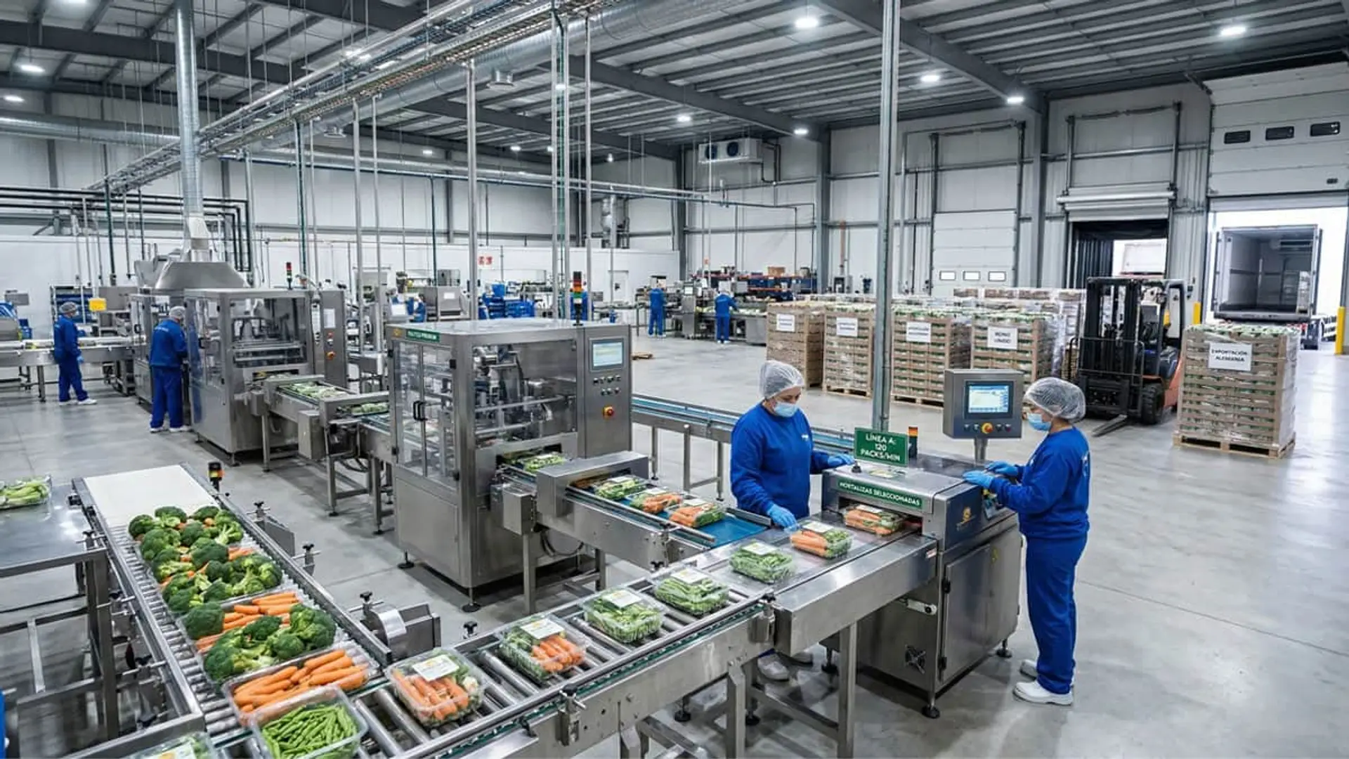 Trabajadores envasando brócoli y zanahorias en línea de producción automatizada de planta hortofrutícola