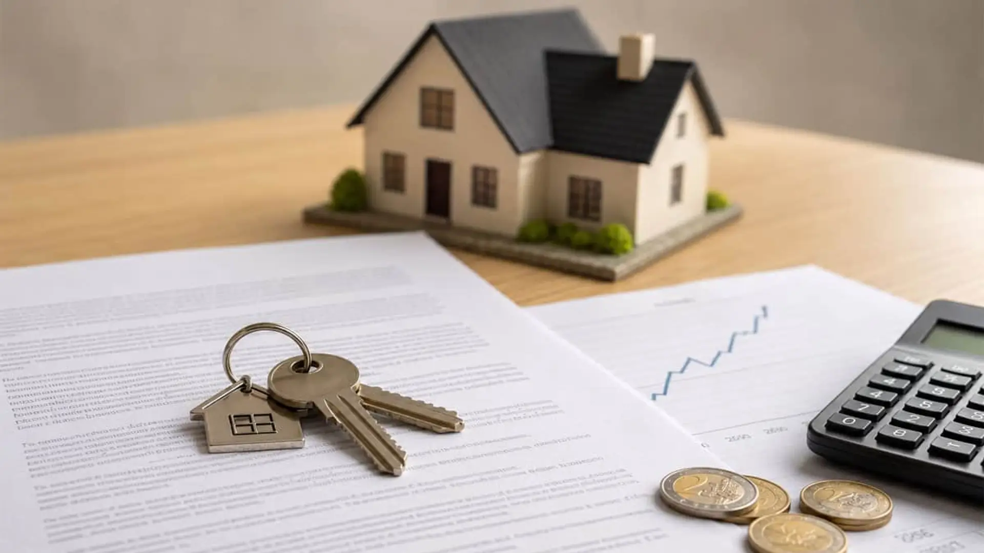 El euríbor roza el 3% en agosto: la hipoteca variable sube hasta 927 euros al año Llaves de vivienda sobre contrato hipotecario con calculadora, euros y gráfico de subida de tipos