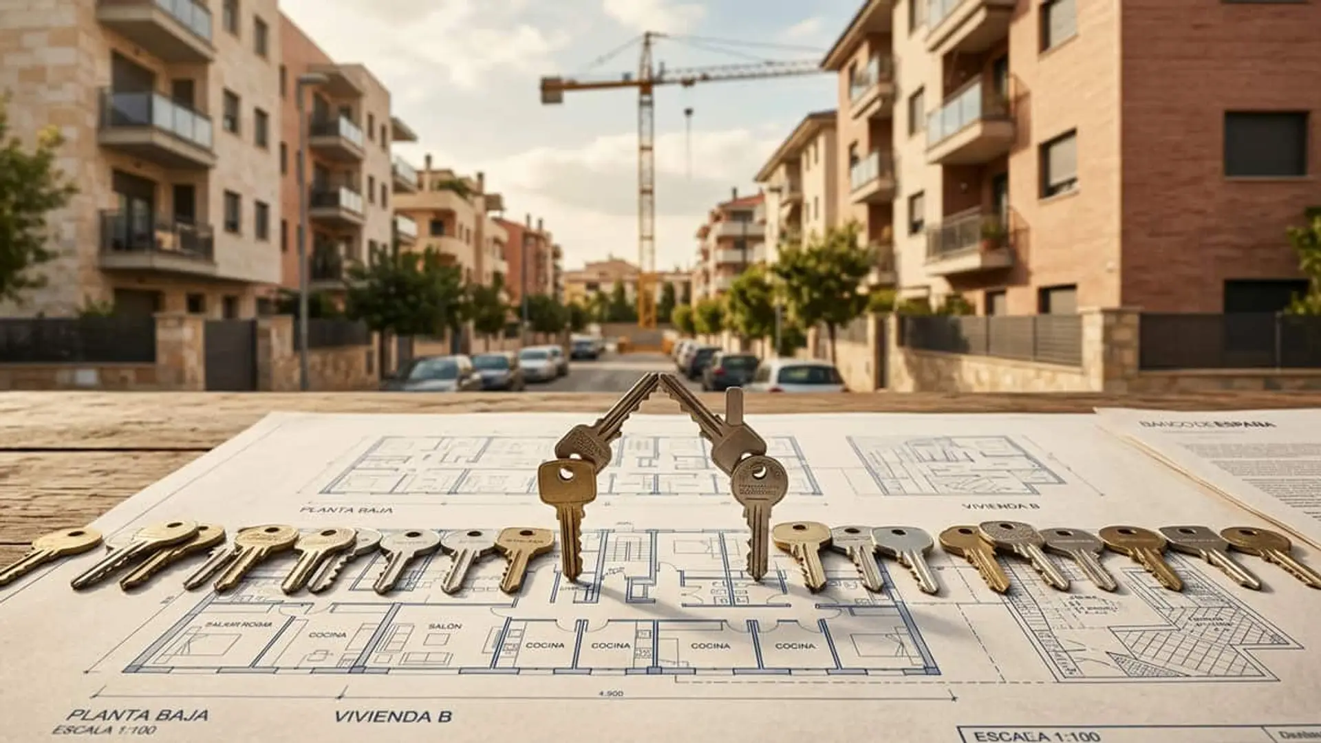 Llaves colocadas sobre planos de viviendas con edificios residenciales y una grúa de construcción al fondo