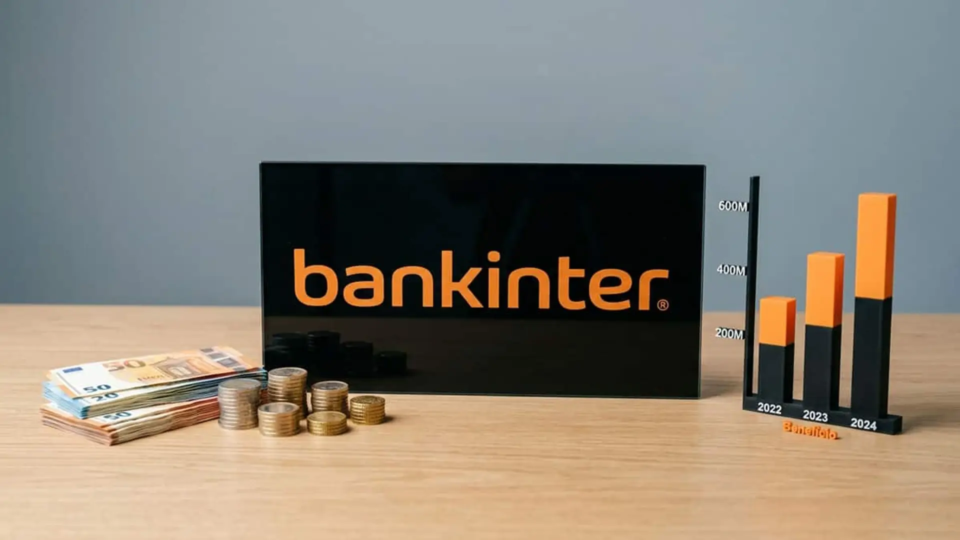 Logotipo de Bankinter junto a billetes, monedas y un gráfico de barras ascendente con datos de 2022, 2023 y 2024
