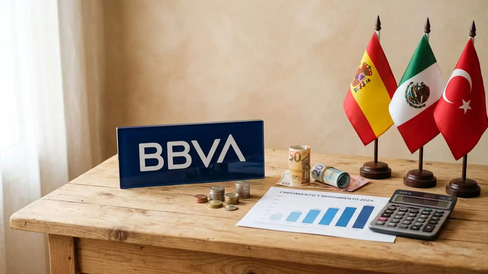 Logo de BBVA junto a billetes, monedas, una calculadora y las banderas de España, México y Turquía.