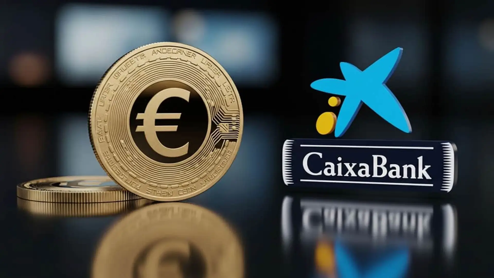 Moneda de euro digital dorada junto al logotipo de CaixaBank. Concepto de inversión, finanzas y banca digital.