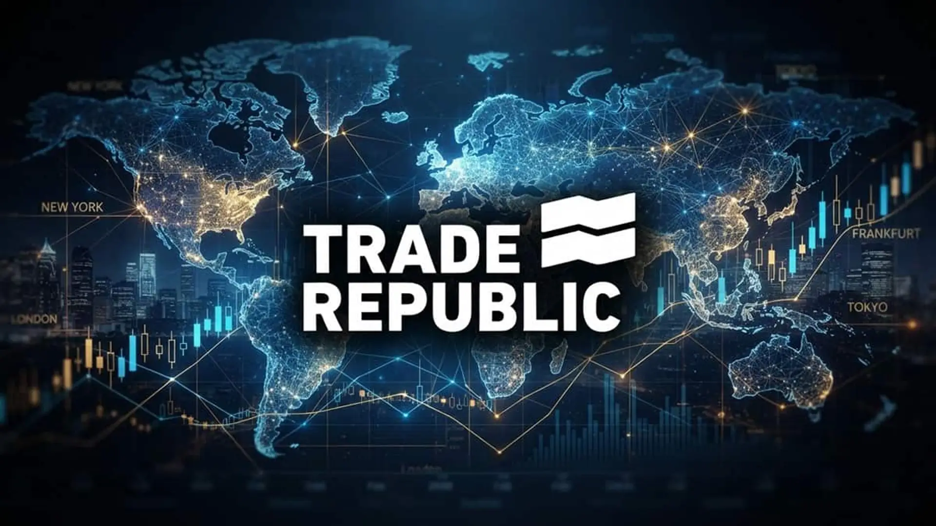 Logotipo de Trade Republic sobre un mapa mundial iluminado con gráficos financieros y líneas de conexión