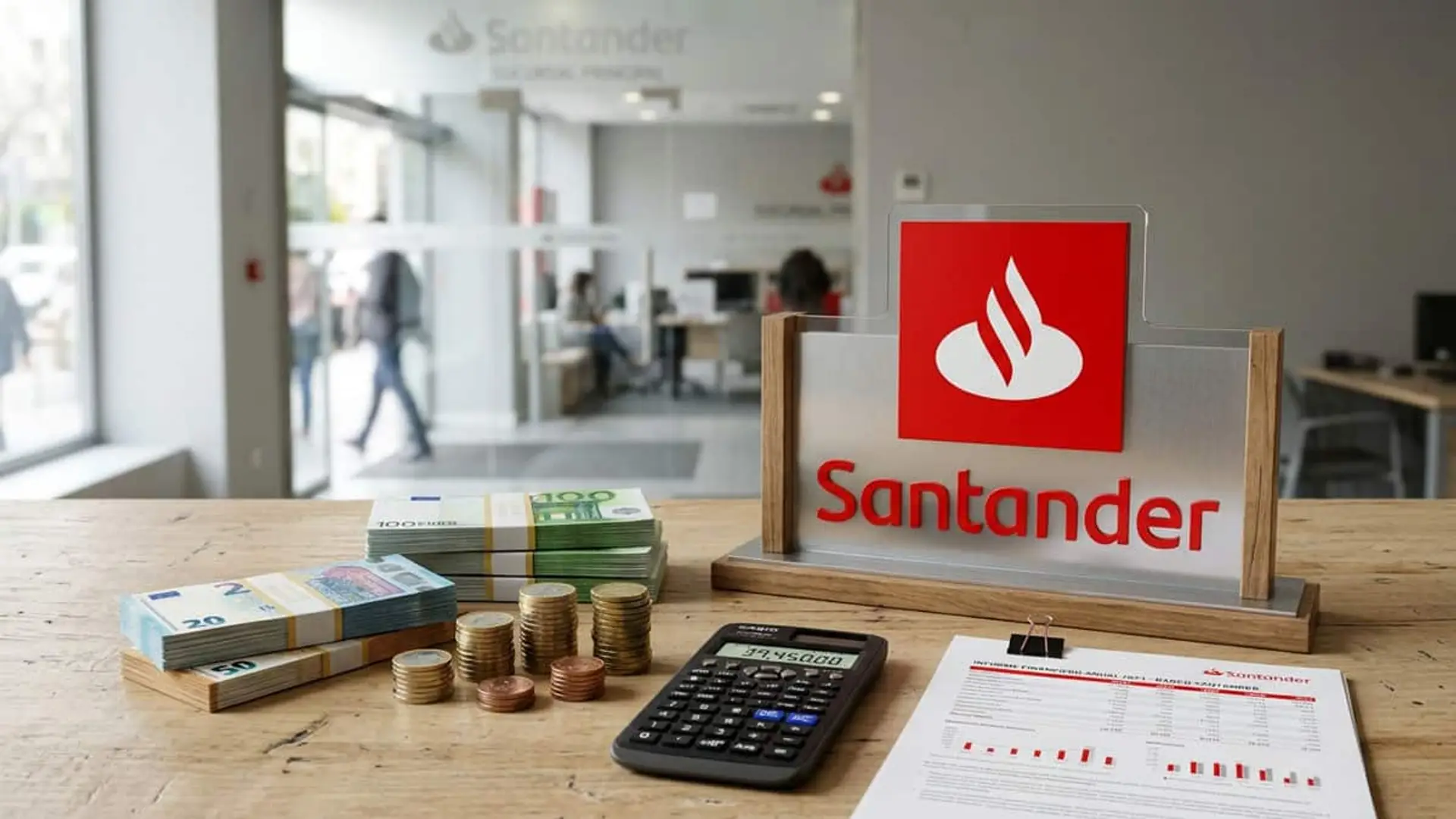 Logo del Banco Santander junto a billetes de euro, monedas, una calculadora y un informe financiero.