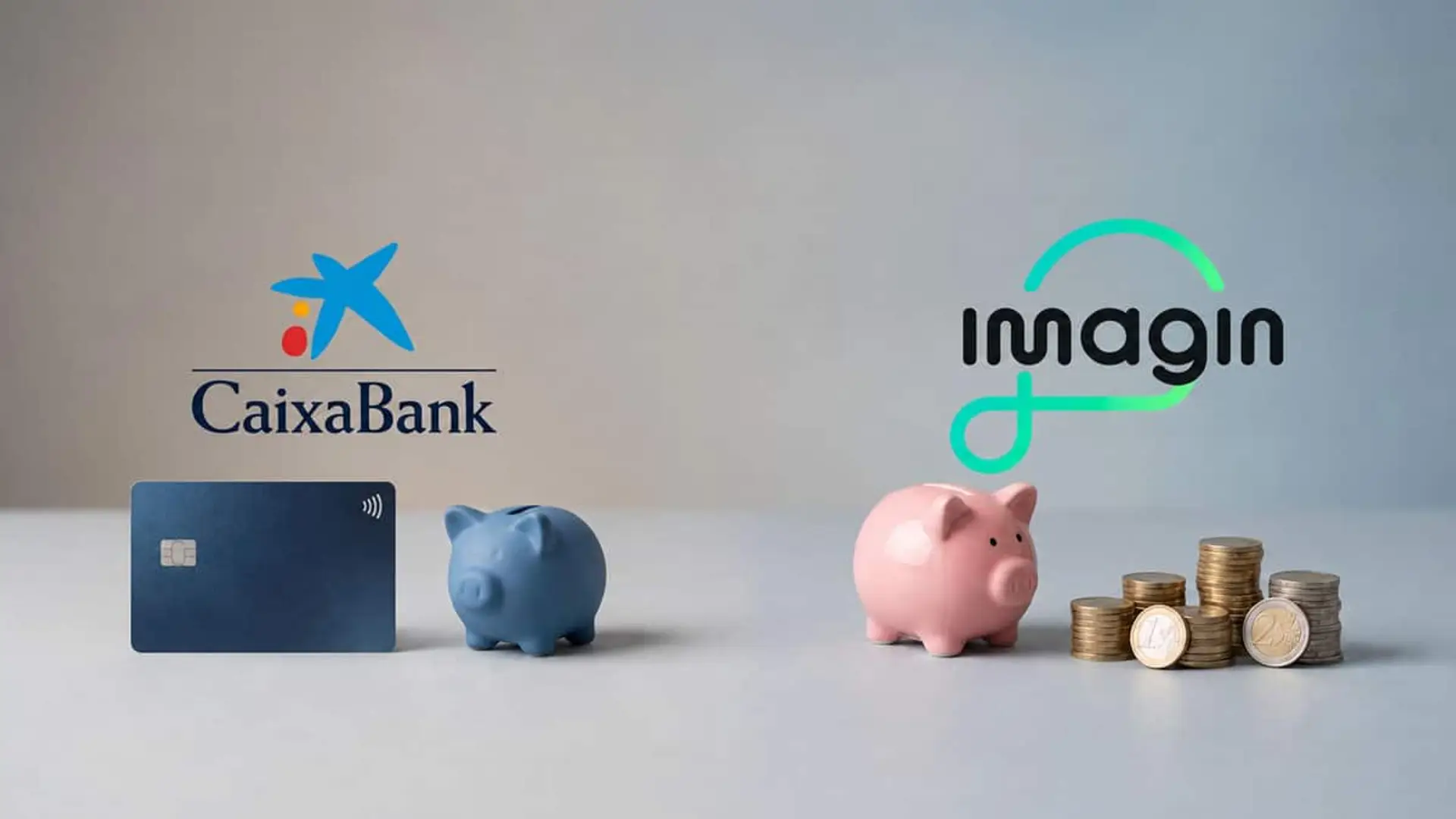Logos de CaixaBank e imagin junto a una tarjeta bancaria, dos huchas y varias monedas de euro