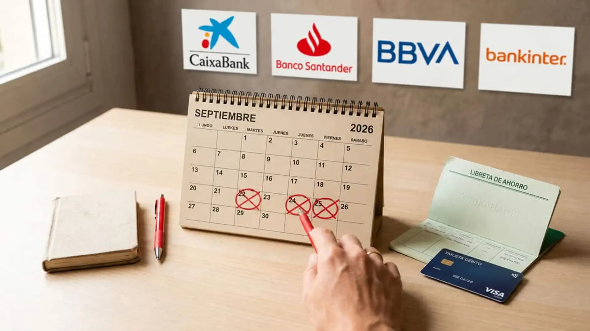 Logos de CaixaBank, Santander, BBVA y Bankinter junto a un calendario de septiembre de 2026 con varios días marcados, una libreta de ahorro y una tarjeta bancaria