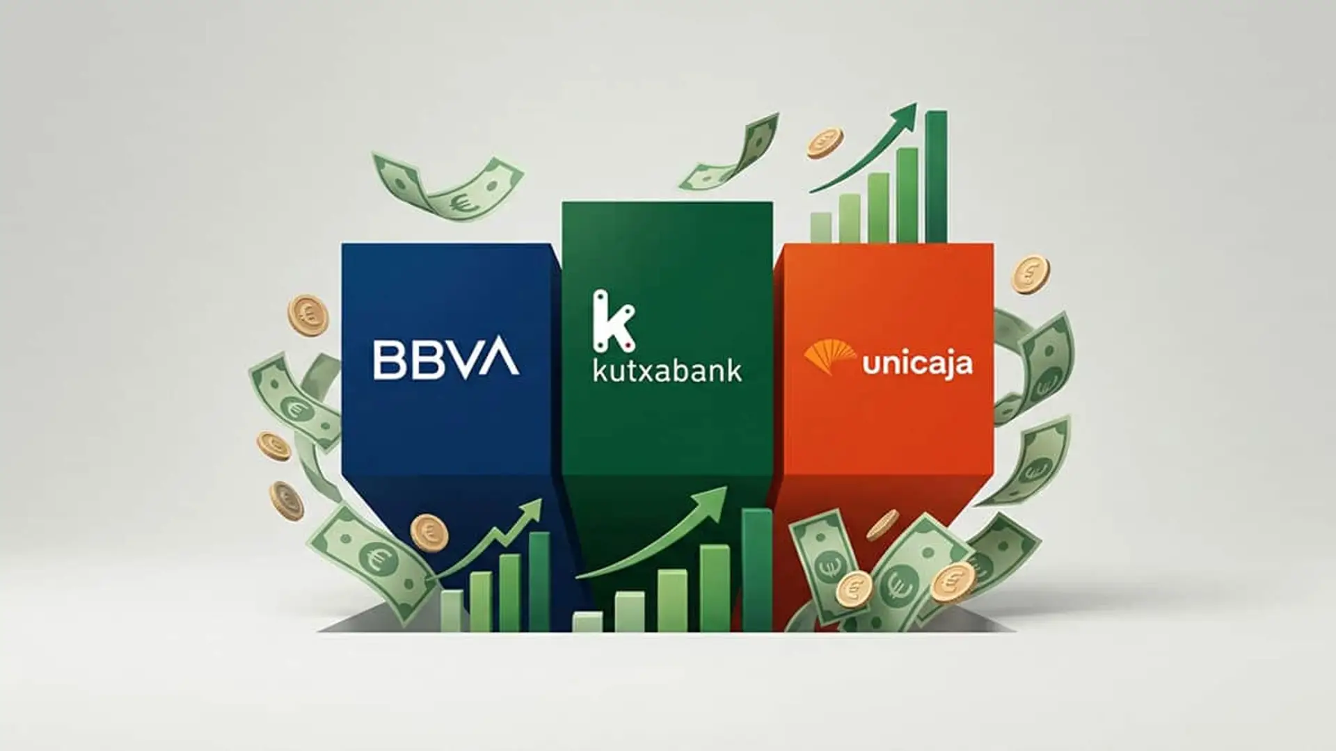 El mercado de fondos frena a la mitad respecto a 2025: BBVA, Kutxabank y Unicaja concentran el 47% de todo el dinero Logos de BBVA, Kutxabank y Unicaja junto a gráficos de crecimiento, billetes y monedas sobre fondo clar