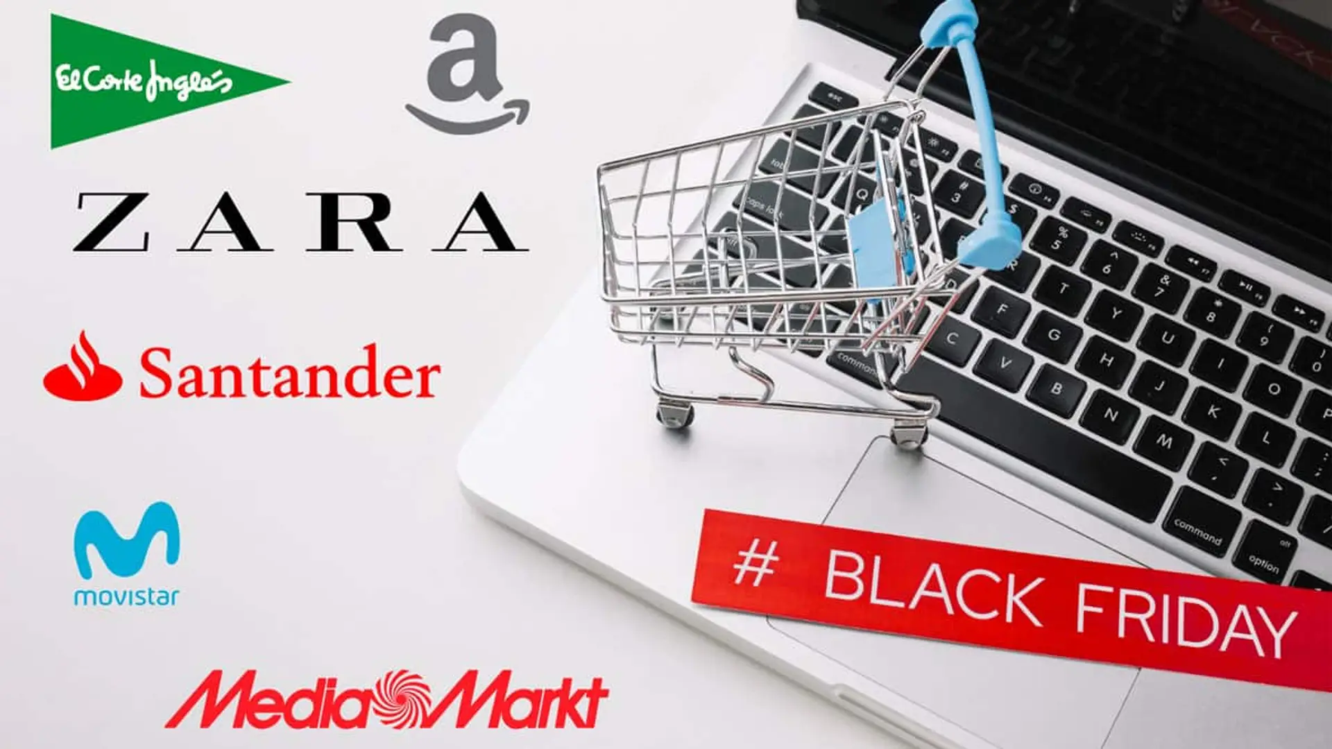Carrito de compras sobre un portátil rodeado de logos de Zara, Amazon, Movistar, Santander y MediaMarkt con temática Black Friday.