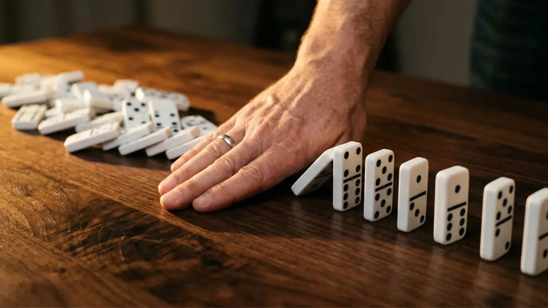 Invertir fuera de la bolsa: los riesgos que pocos miran (y un checklist para gestionarlos) Mano deteniendo una fila de fichas de dominó sobre una mesa de madera, evitando el efecto cadena.