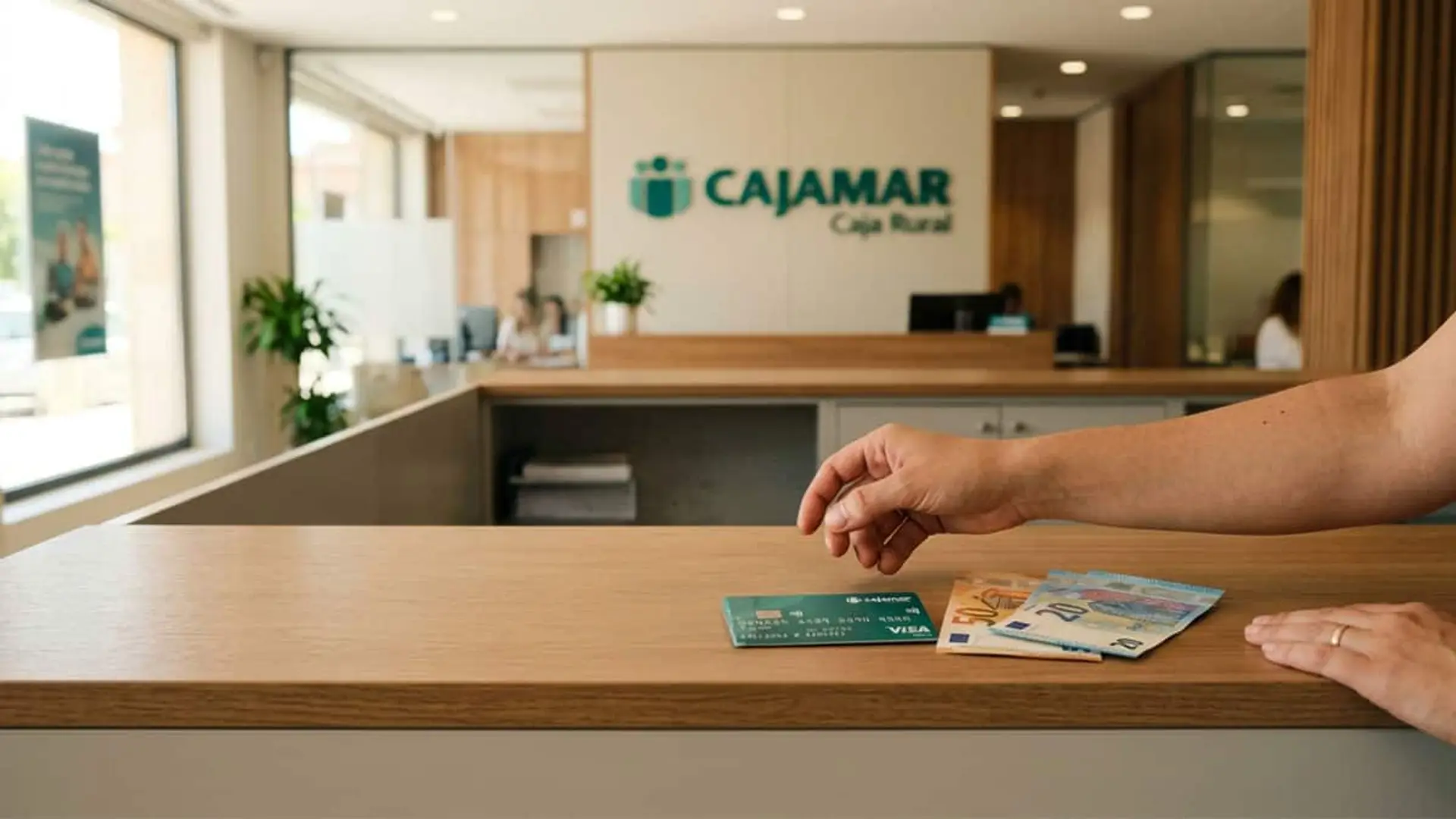 Mano junto a una tarjeta bancaria y varios billetes sobre el mostrador de una oficina de Cajamar