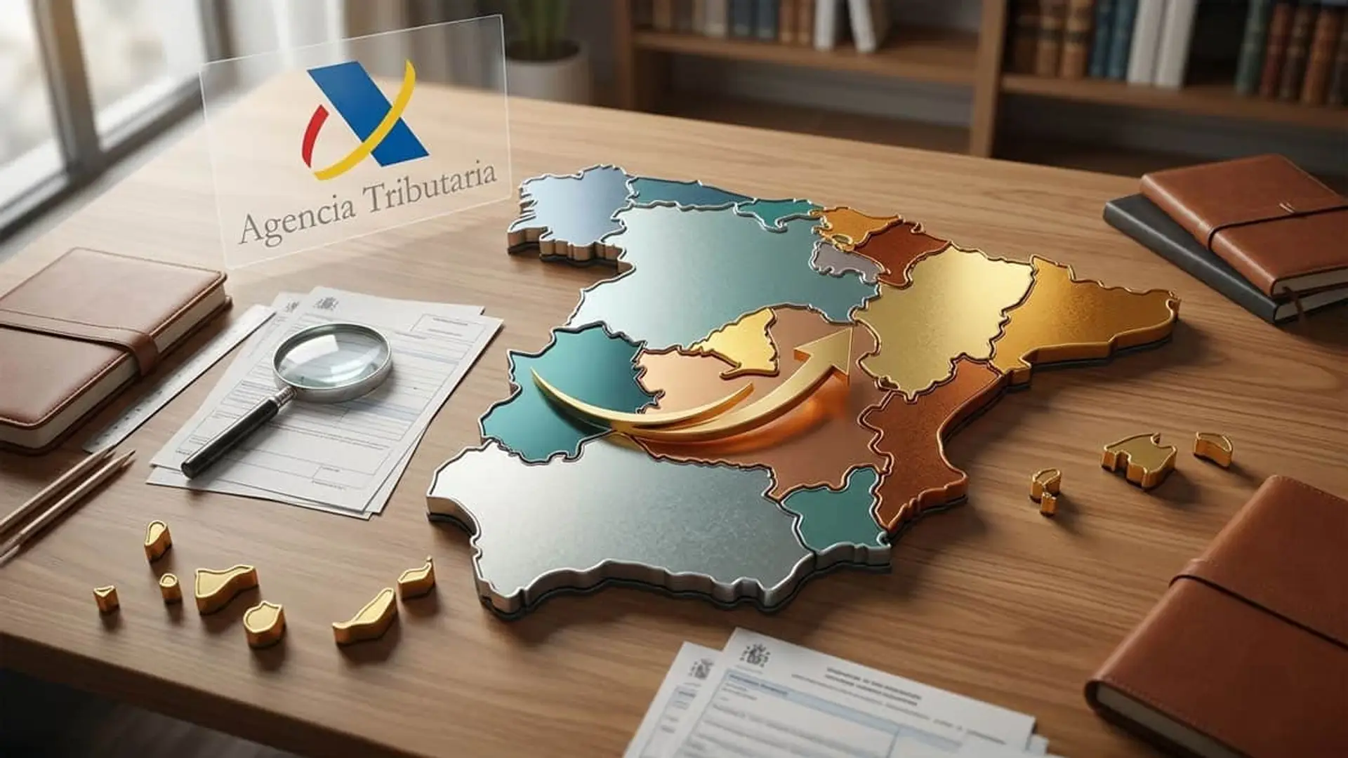 Tu borrador de la Renta no incluye estas deducciones autonómicas: cómo saber cuáles te corresponden Mapa de España con documentos y logo de la Agencia Tributaria para representar el pago de impuestos y la gestión fiscal.