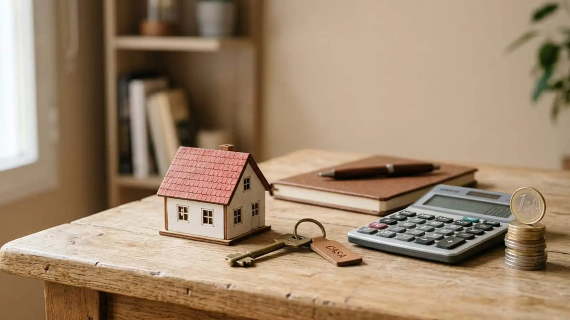 Maqueta de una vivienda junto a unas llaves, una calculadora y monedas sobre una mesa de madera, representando el coste de una hipoteca.