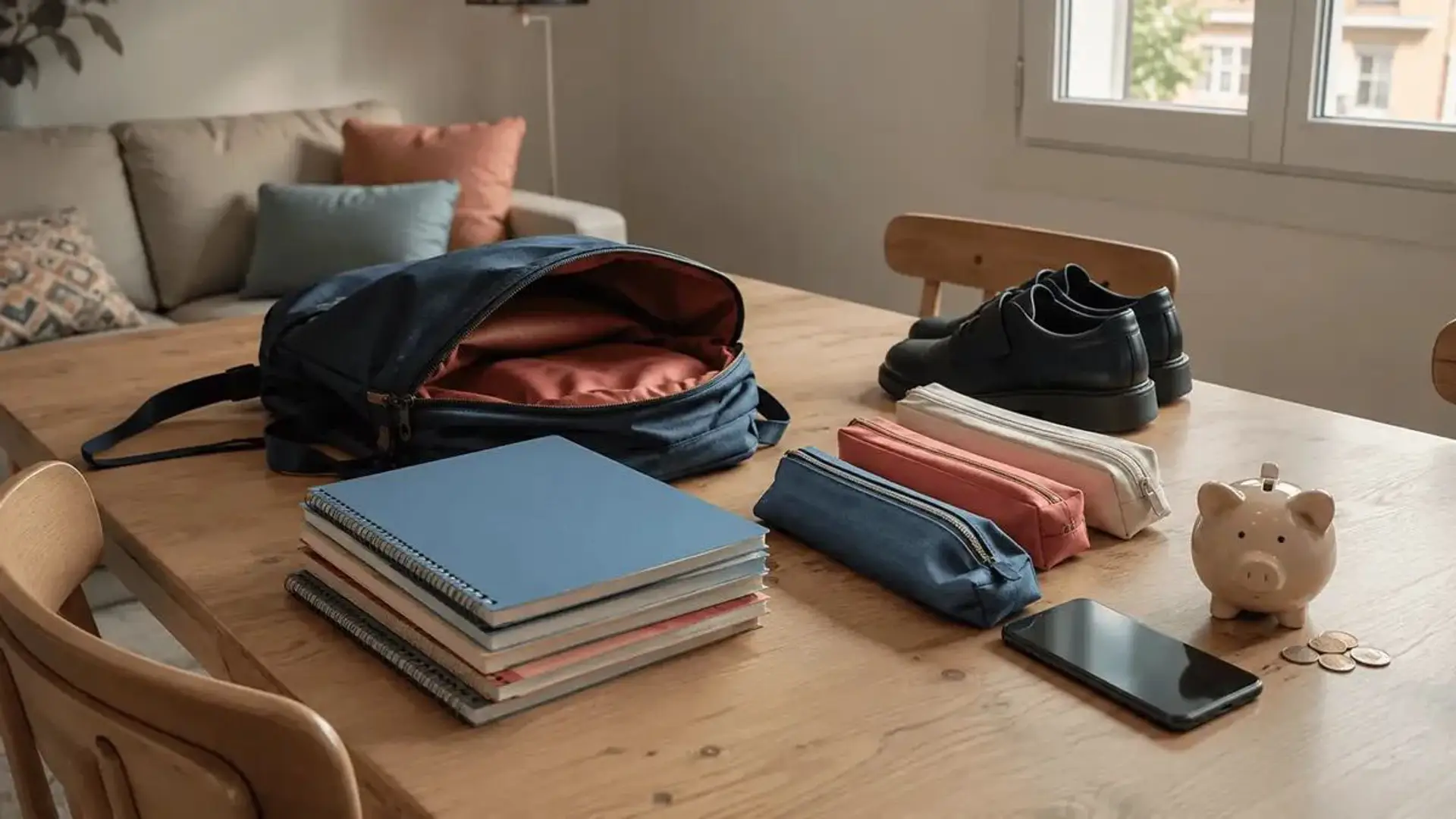Mochila escolar abierta con cuadernos, estuches, zapatos y móvil sobre una mesa de madera.