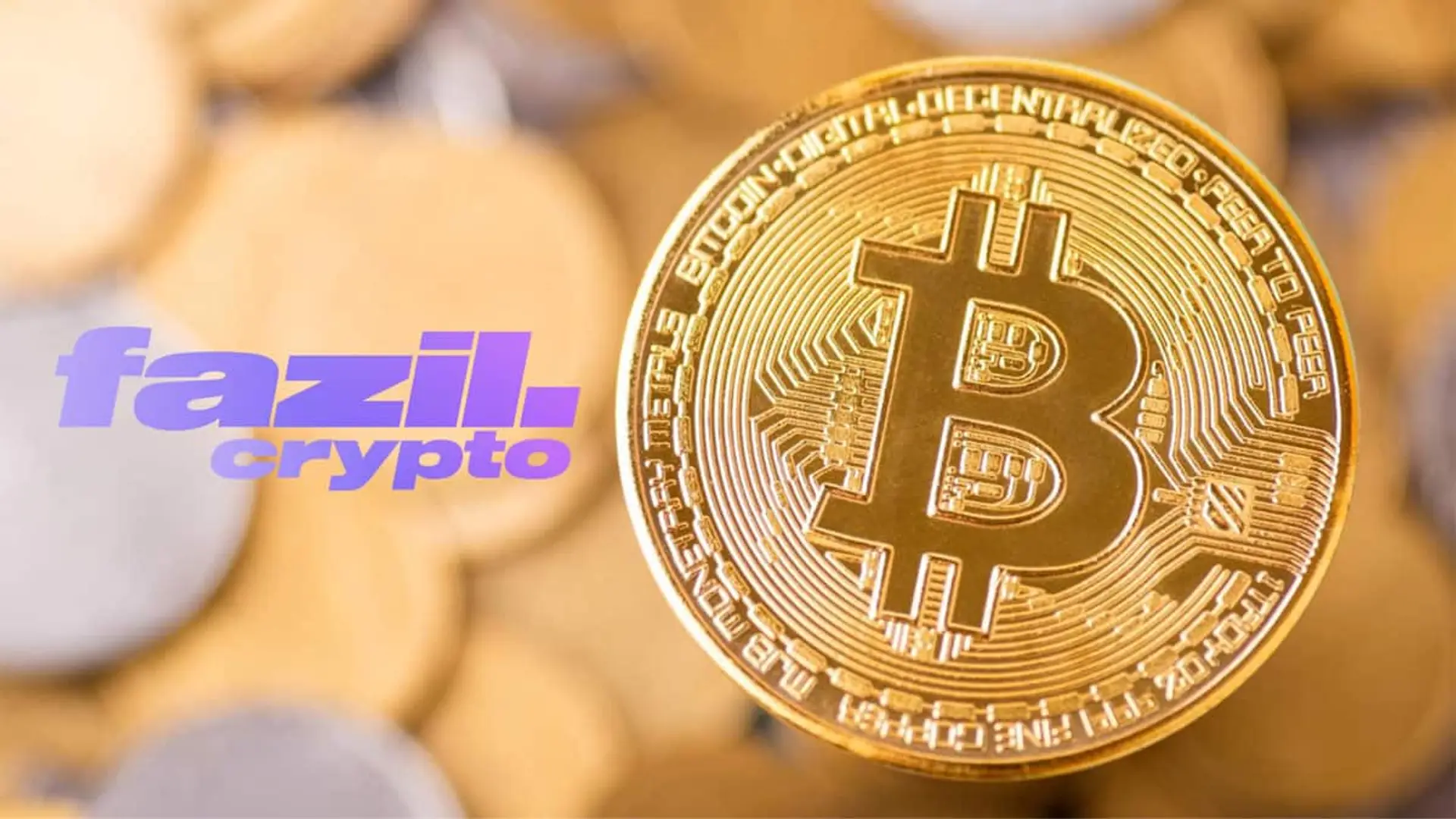 Moneda de bitcoin en primer plano con el logotipo de Fazil Crypto