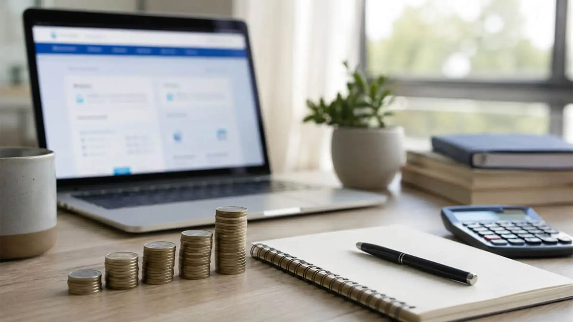 Monedas apiladas junto a un portátil y una calculadora en una mesa de trabajo