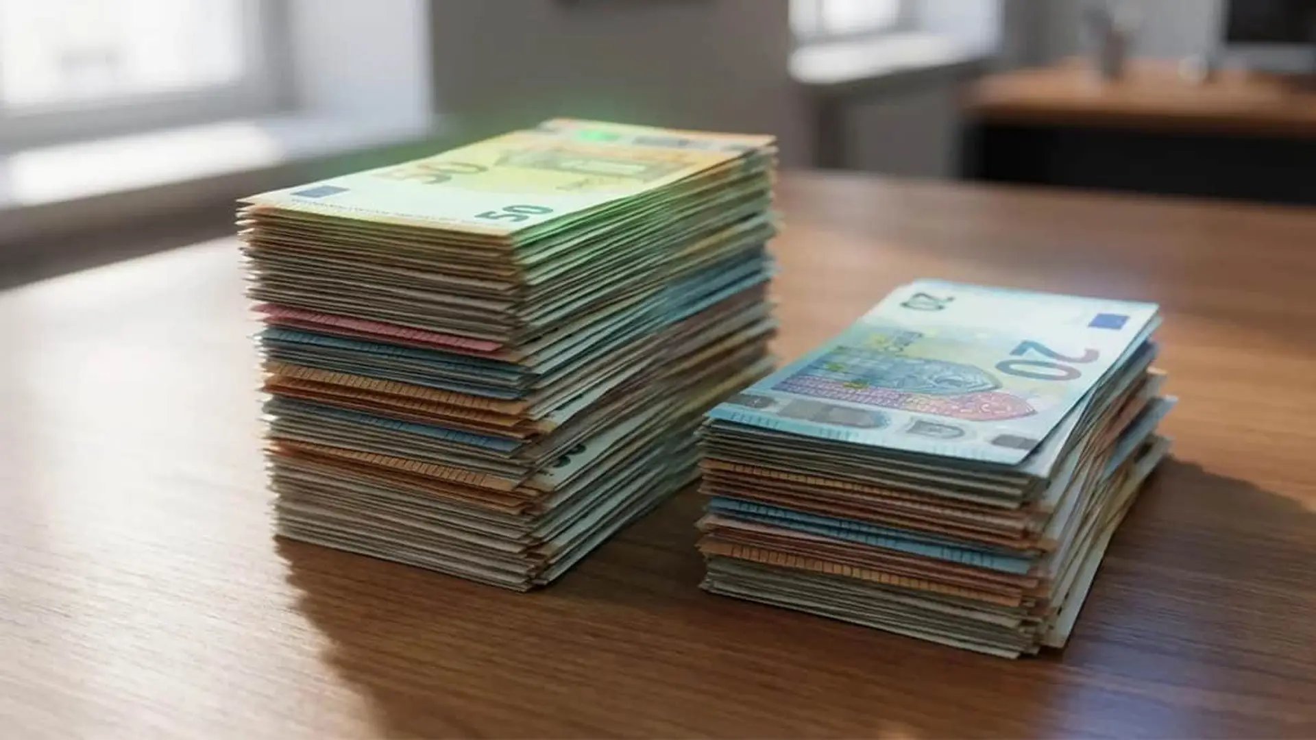 Dos montones de billetes de 50 y 20 euros apilados sobre una mesa de madera, uno más alto que el otro.