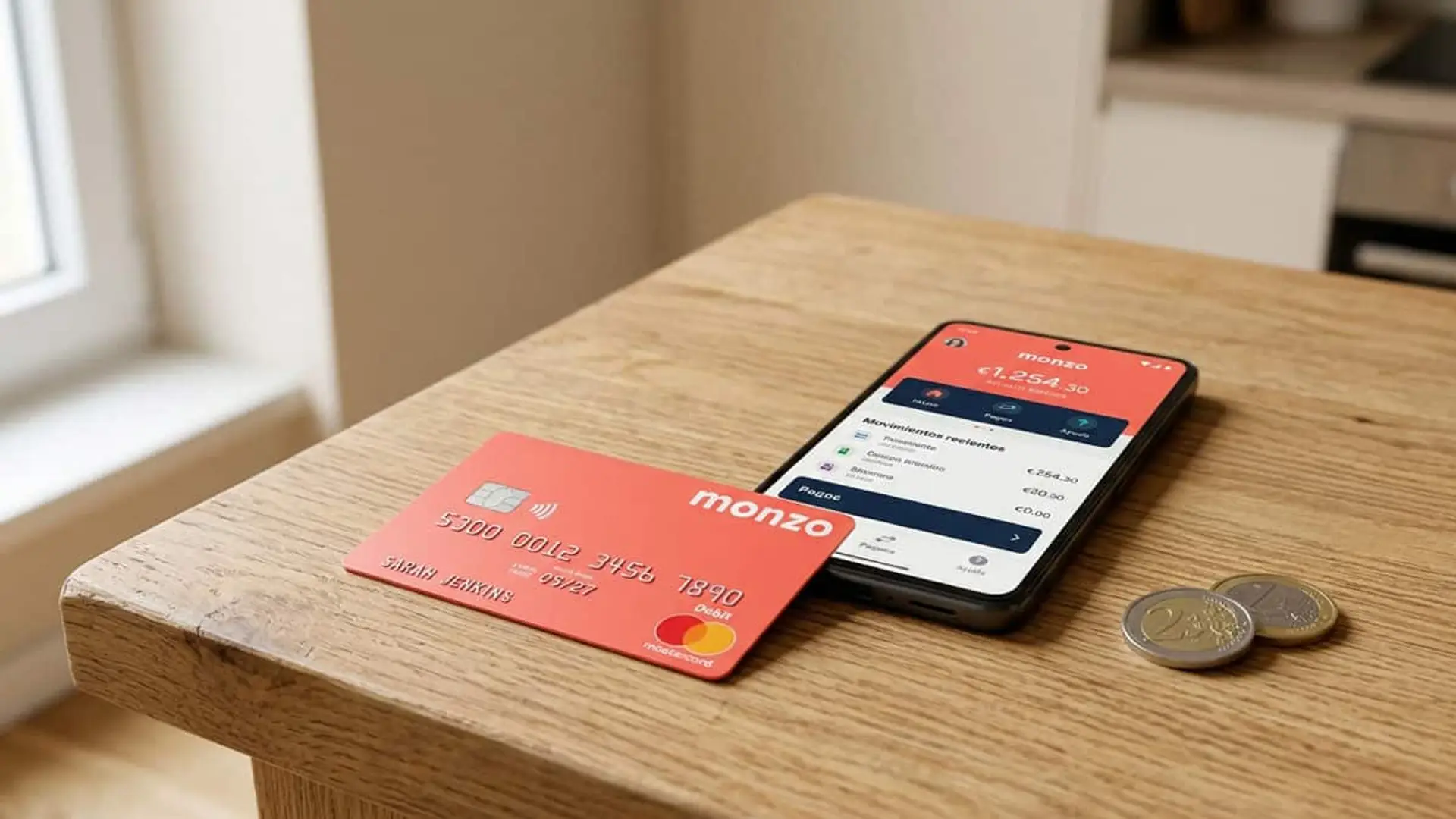 Tarjeta bancaria de Monzo junto a un móvil con la aplicación del banco y monedas de euro.