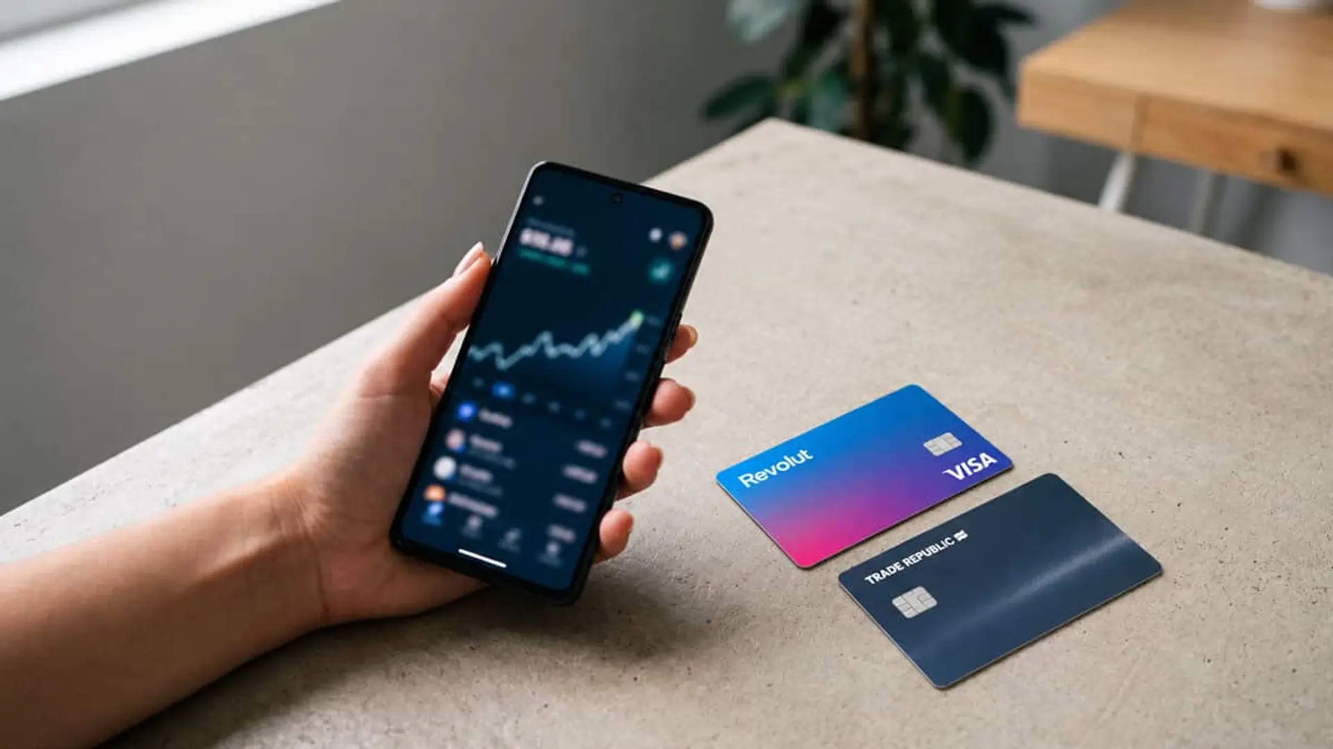 Persona con un móvil mostrando una aplicación de inversión junto a tarjetas de Revolut y Trade Republic
