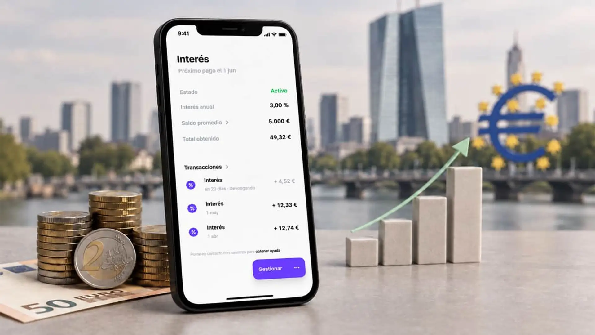 Móvil con app que muestra cuenta remunerada al 3%, monedas de euro y gráfico ascendente frente al BCE