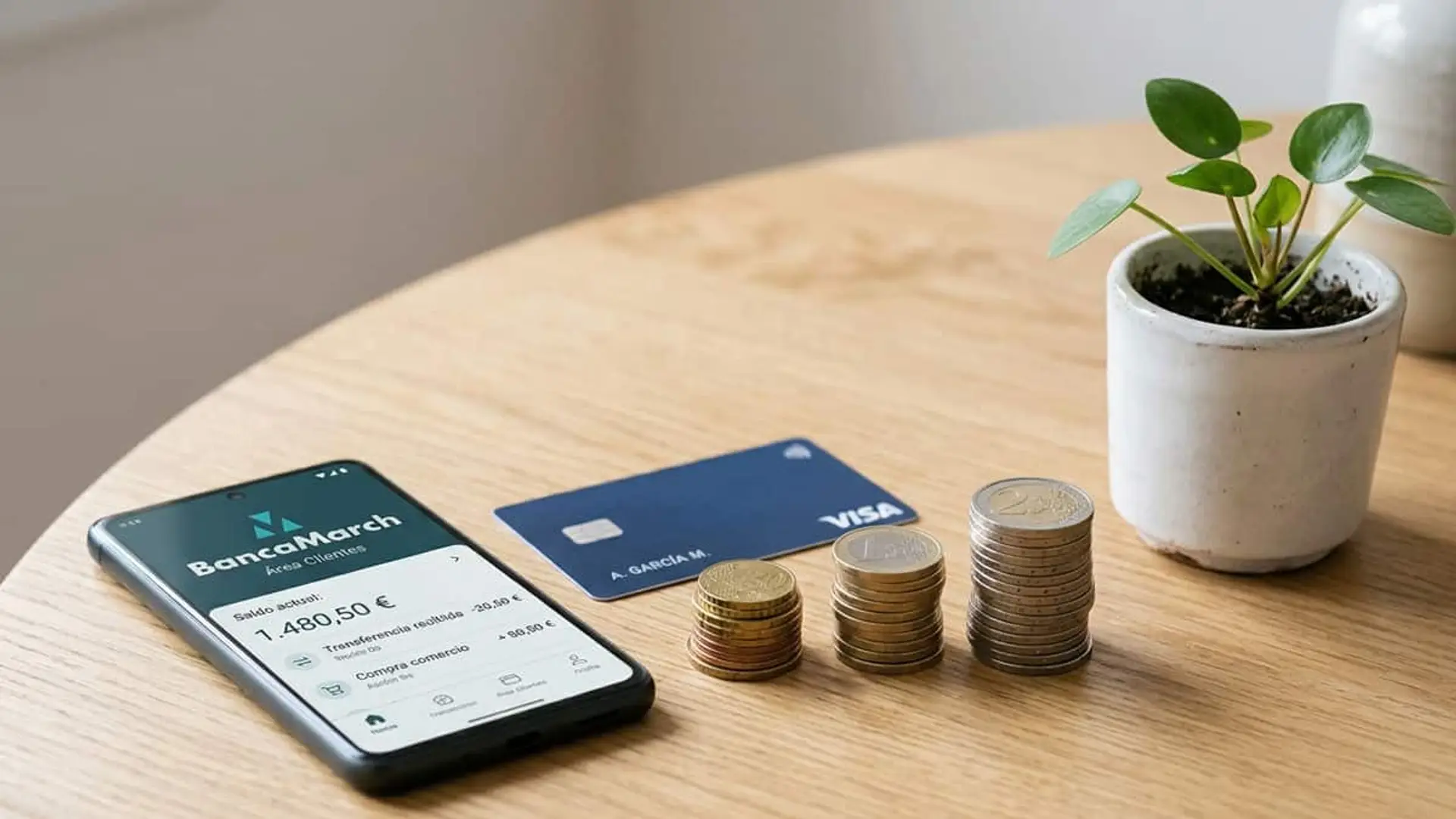 Banca March eleva hasta el 3,50% TAE su depósito para nuevos clientes; sin vinculaciones, el 2,50% Móvil con la aplicación de Banca March junto a una tarjeta Visa y varias pilas de monedas sobre una mesa