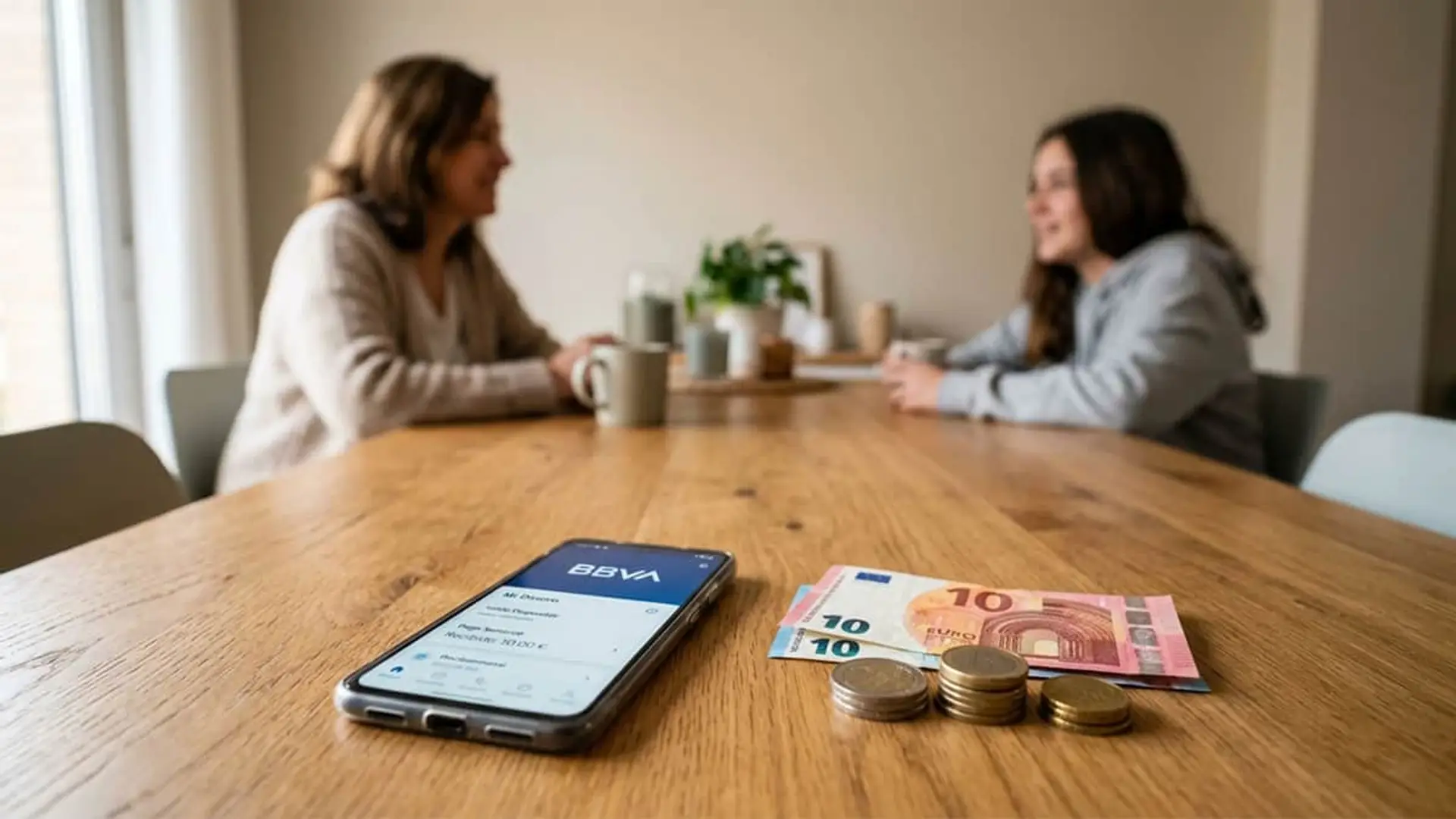 Móvil con la app de BBVA junto a billetes y monedas sobre una mesa con dos personas al fondo.