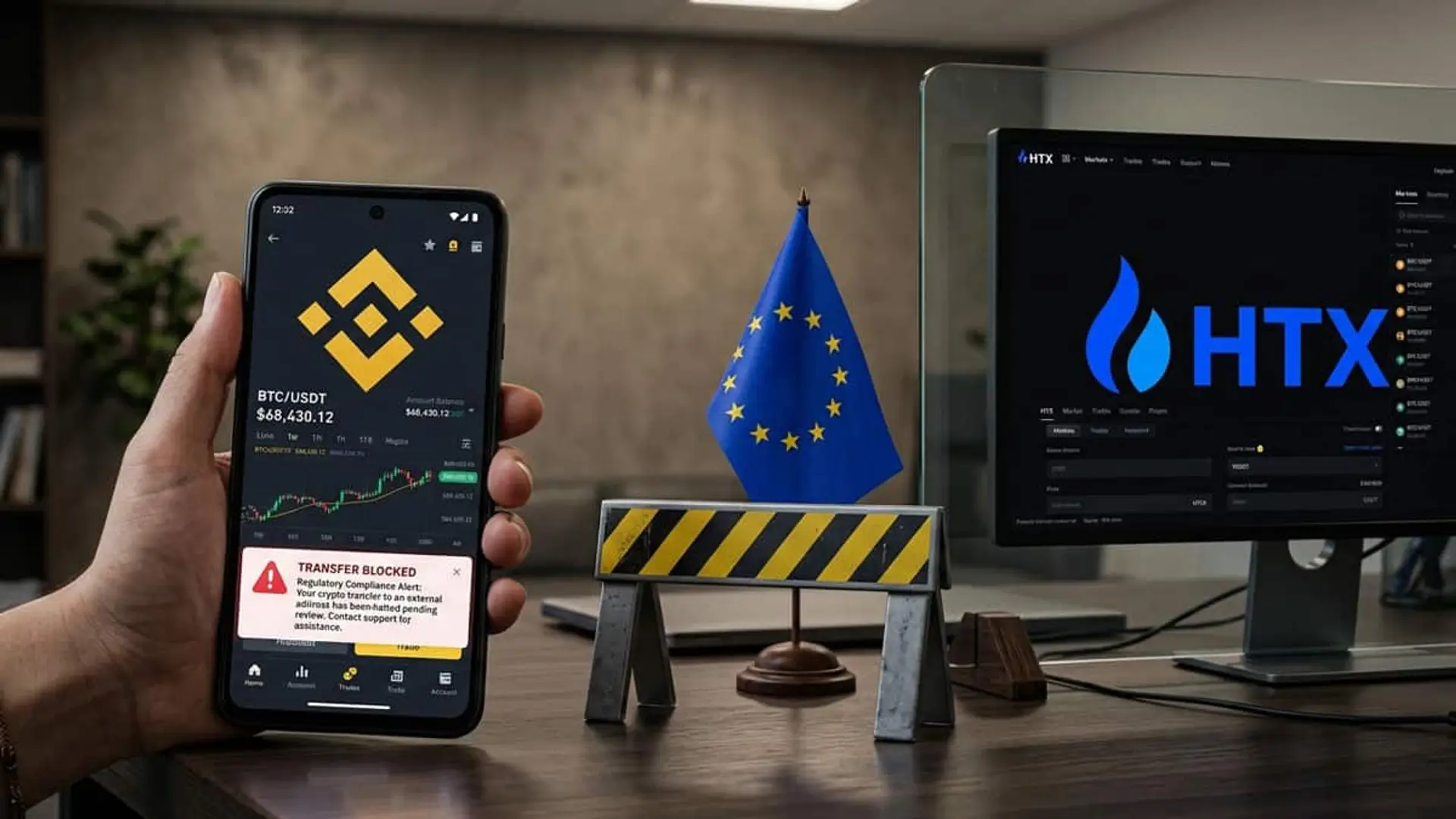 Móvil con Binance y aviso de transferencia bloqueada junto a una bandera de la Unión Europea y una pantalla con HTX