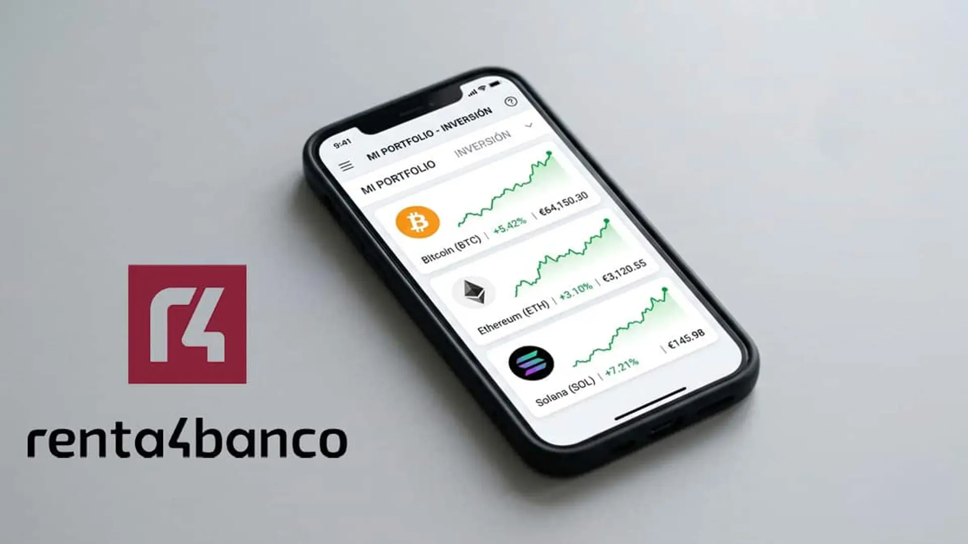 Renta 4 ya permite comprar Bitcoin, Ethereum y Solana directamente desde su plataforma de inversión Móvil con una cartera de criptomonedas y el logotipo de Renta 4 Banco sobre la imagen
