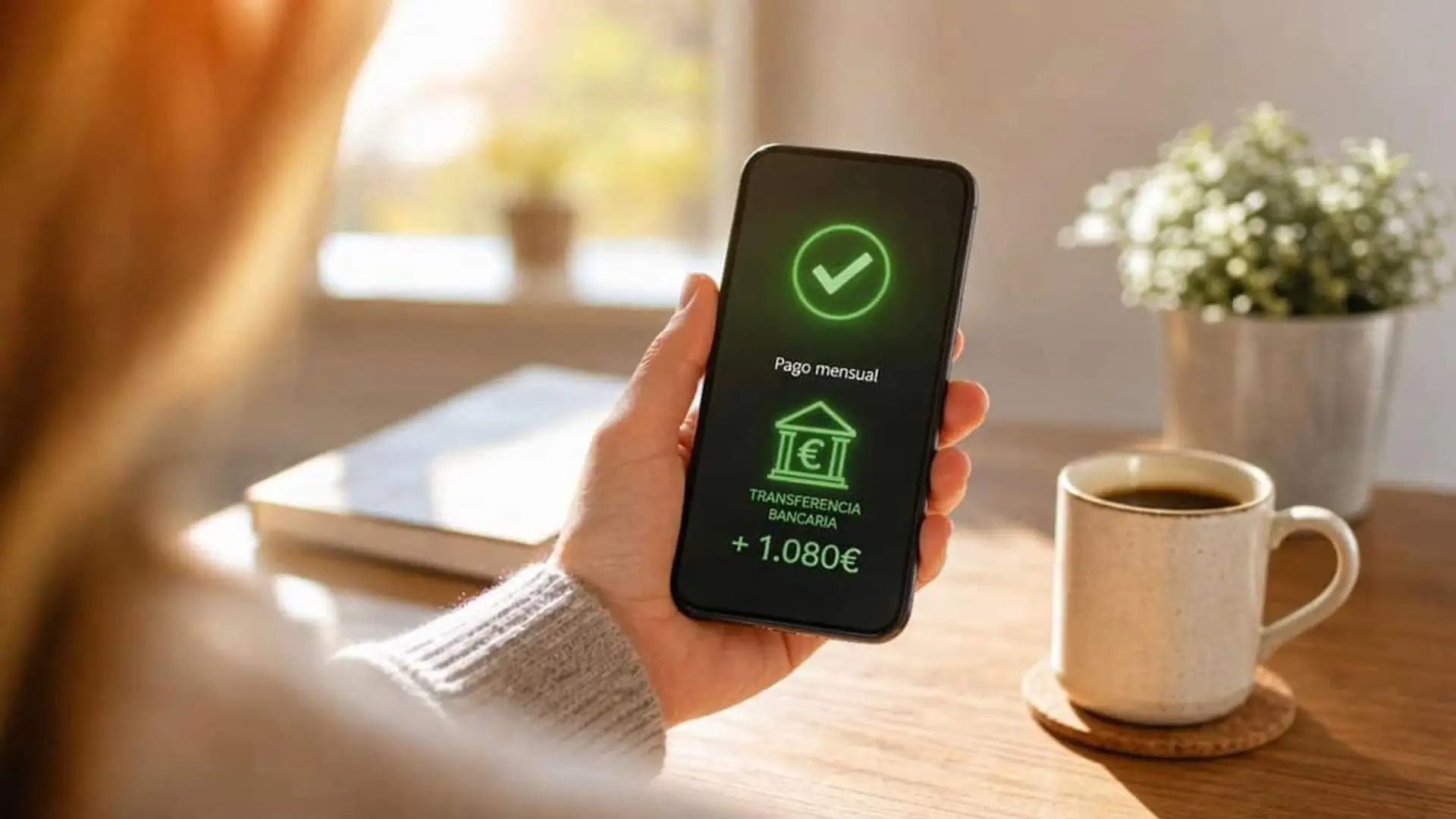 Persona sosteniendo un teléfono móvil con una confirmación de pago mensual y transferencia bancaria de 1.080 euros en pantalla