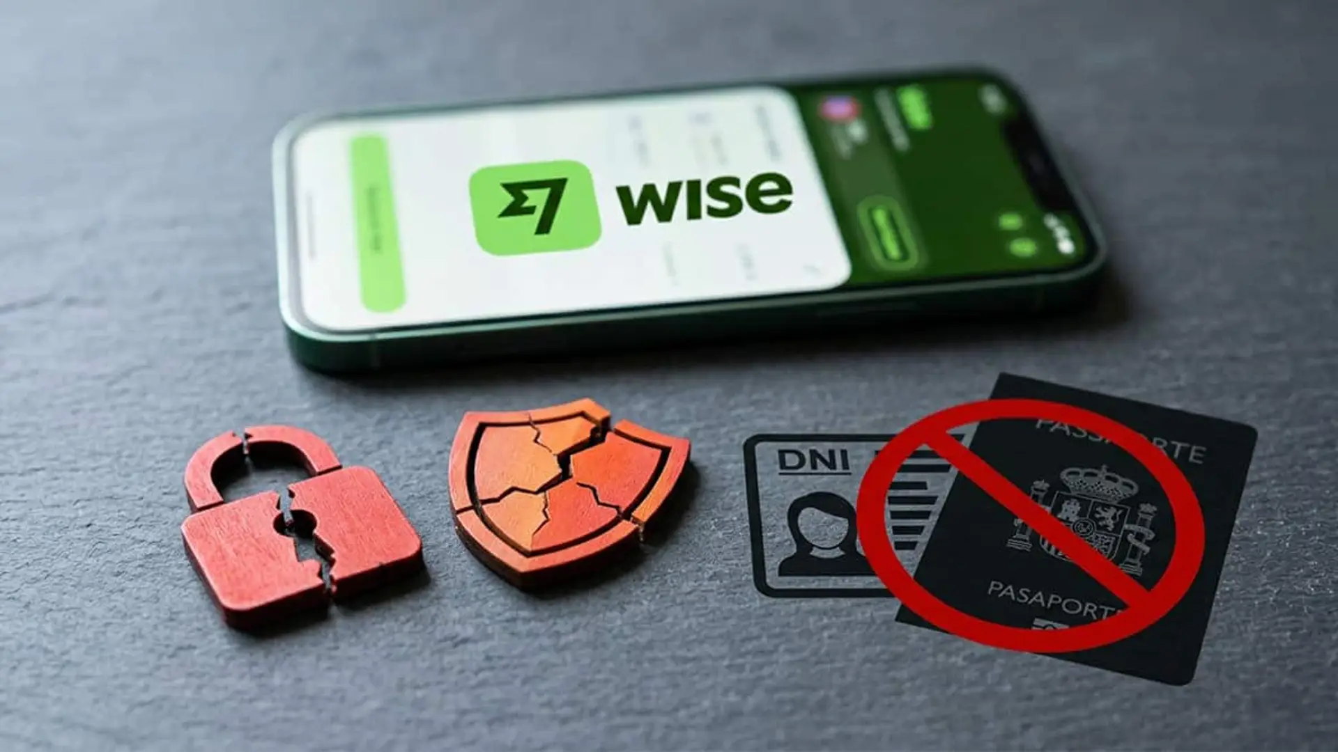 La filtración de Wise España es diferente a las demás: incluye documentación KYC para suplantar tu identidad Móvil con el logotipo de Wise junto a símbolos de brecha de seguridad y documentos de identidad tachados