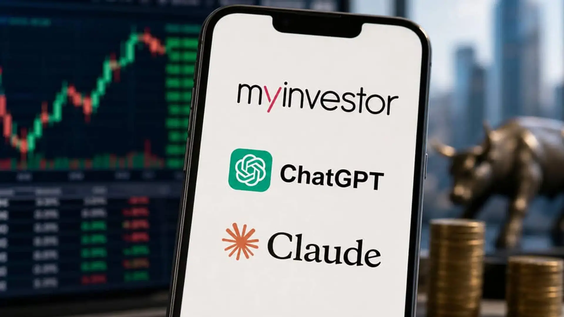 Móvil con los logotipos de MyInvestor, ChatGPT y Claude frente a pantallas de bolsa