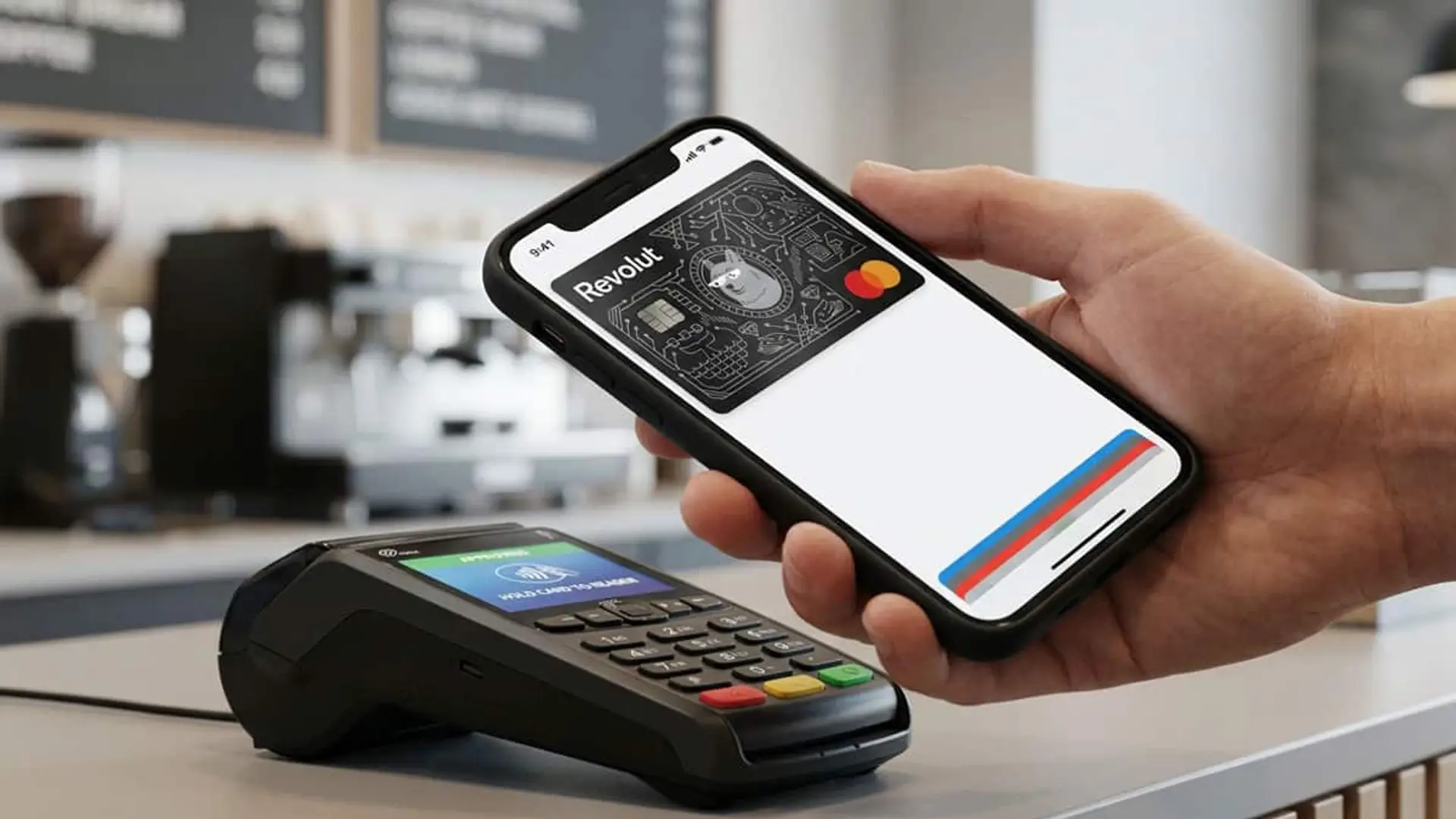 La nueva tarjeta de Revolut permite pagar con cripto en cualquier comercio, pero cada compra cuenta como una venta para Hacienda Mano sosteniendo un móvil con una tarjeta de Revolut en pantalla junto a un terminal de pago