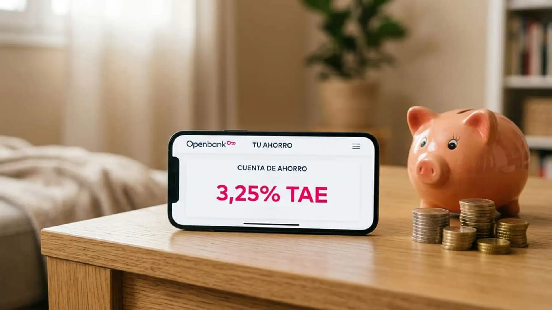 Openbank sube su Cuenta Remunerada al 3,25% TAE: así queda frente a Kutxabank y Revolut Móvil con el logotipo de Openbank y una cuenta de ahorro al 3,25% TAE junto a una hucha de cerdito y varias pilas de monedas